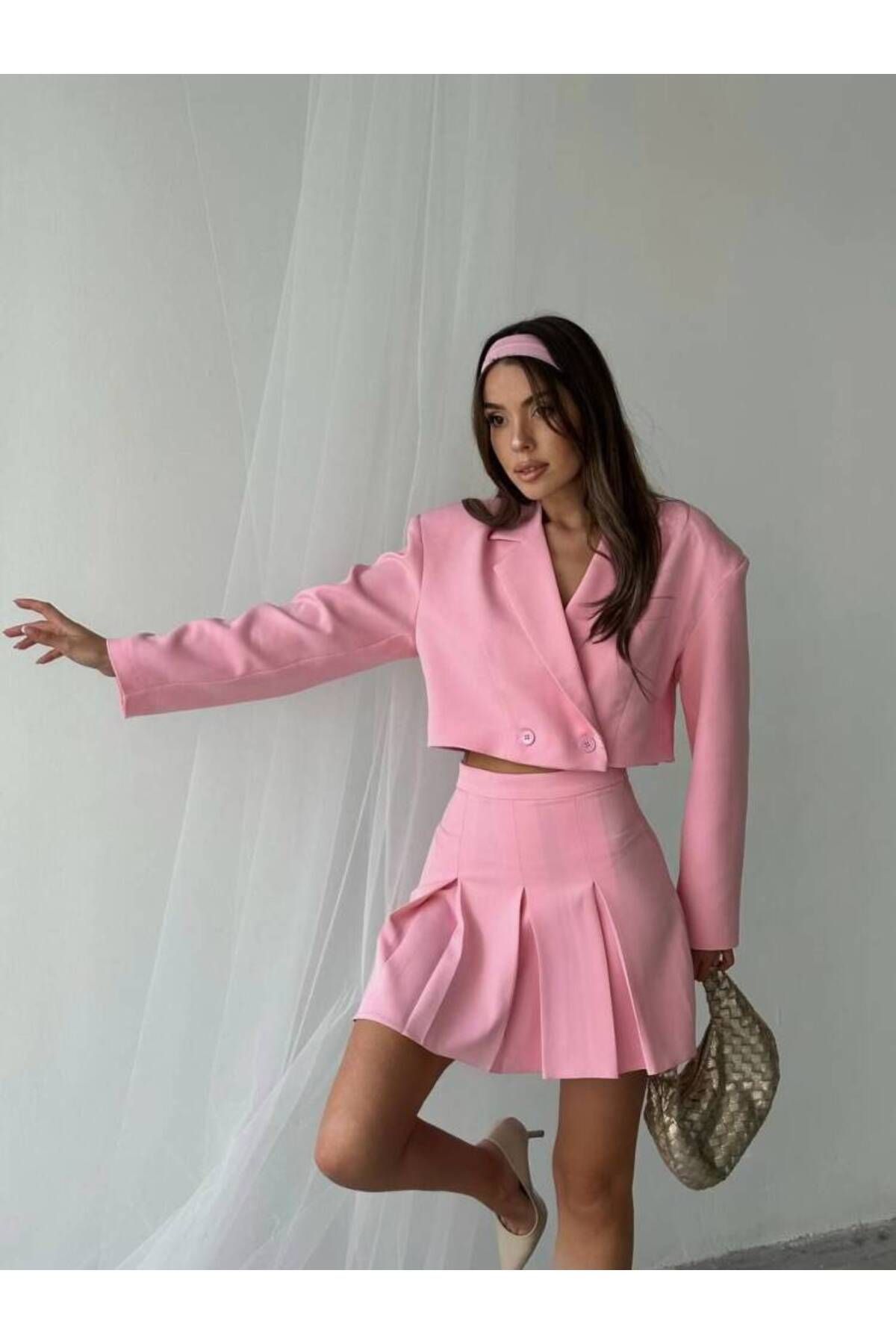MAXMOOR ANNA İKİLİ ETEK CROP CEKET PEMBE TAKIM