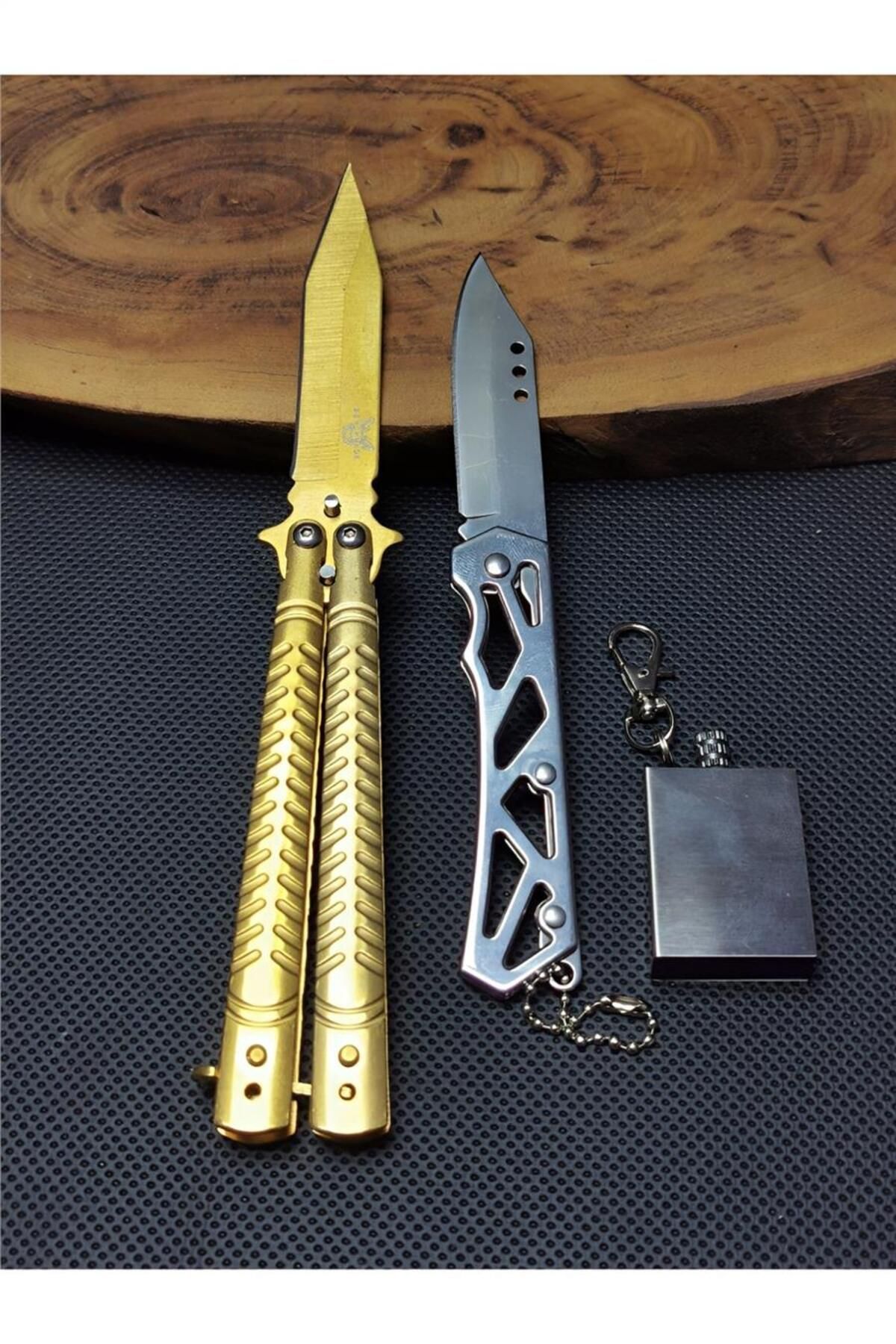 alsepeteavm 21cm Gold Renk kelebek Kamp Çakı ve Manel Cep Çakısı İle Beraber