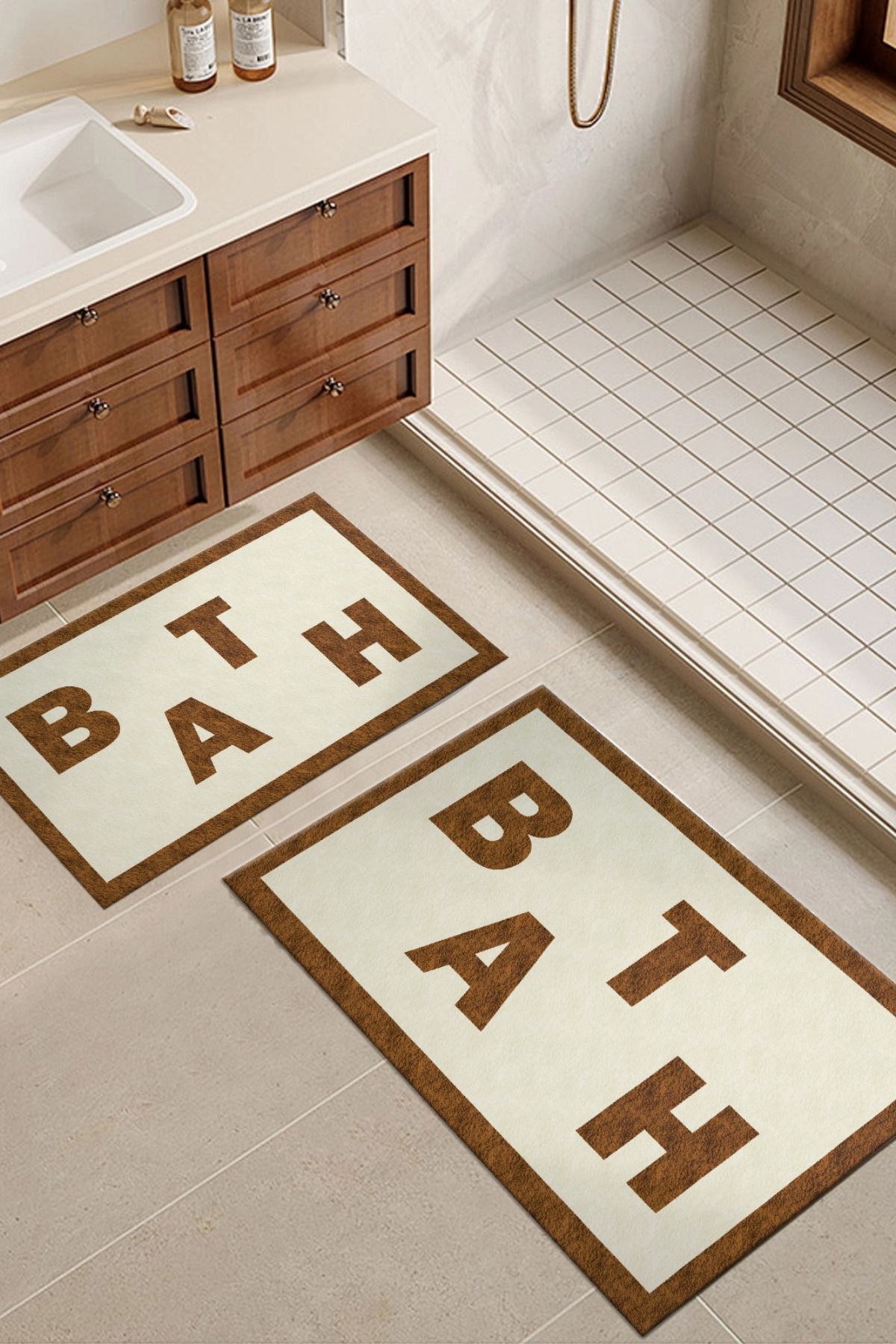 DERAS HOME 2'li Yıkanabilir Kaymaz Taban Banyo Paspası 60*100 Cm - 40*60 Cm