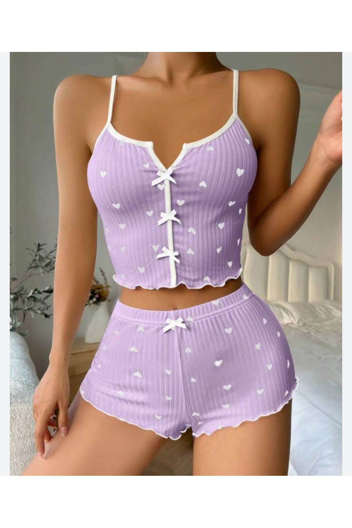 MODA NUR Askılı Desenli Şortlu Pijama Takımı