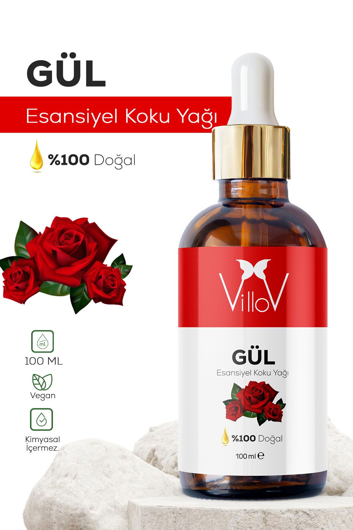 Villov Gül Esansiyel Uçucu Koku Yağı Difüzör Esansı Buhurdanlık Yağı Aromaterapi Esansı Yağı 100ml