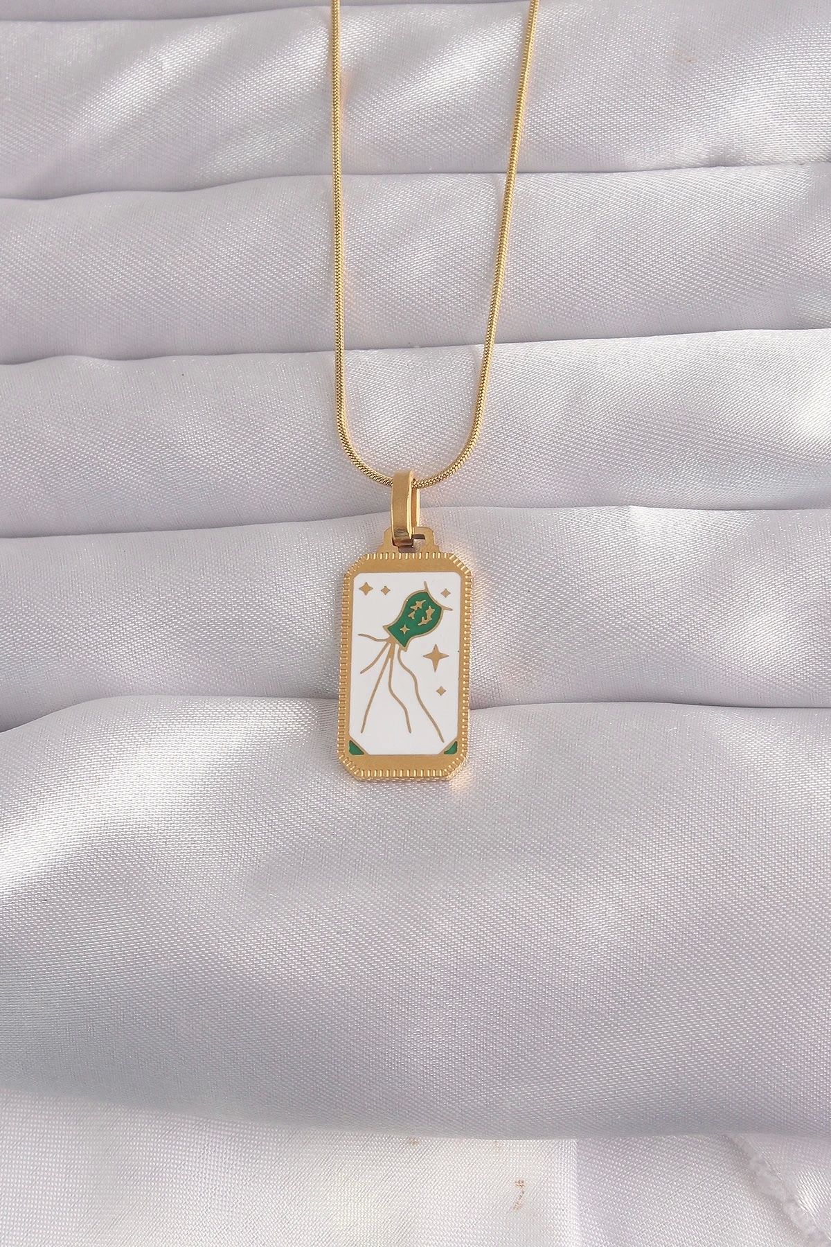 Generic 316L Çelik Gold Renk Beyaz Mineli Tarot Kolye