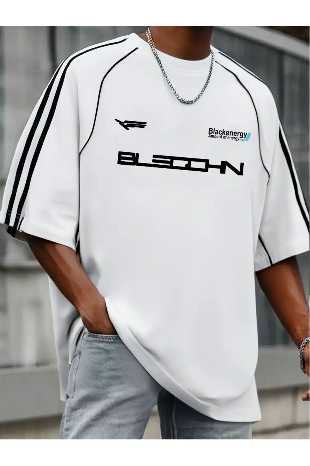 Cool mans Oversize Arabiye Detaylı Black Energy Omuz Şeritli Bisiklet Yaka Penye T-Shirt