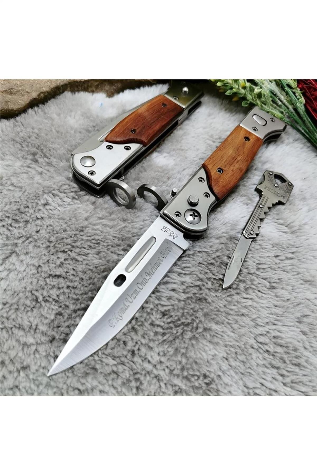 playzone 22 xm AK47 ahşap kabzeli düğmeli otomatık bıçak kılıflı yanında anahtar çakı ile birlikte