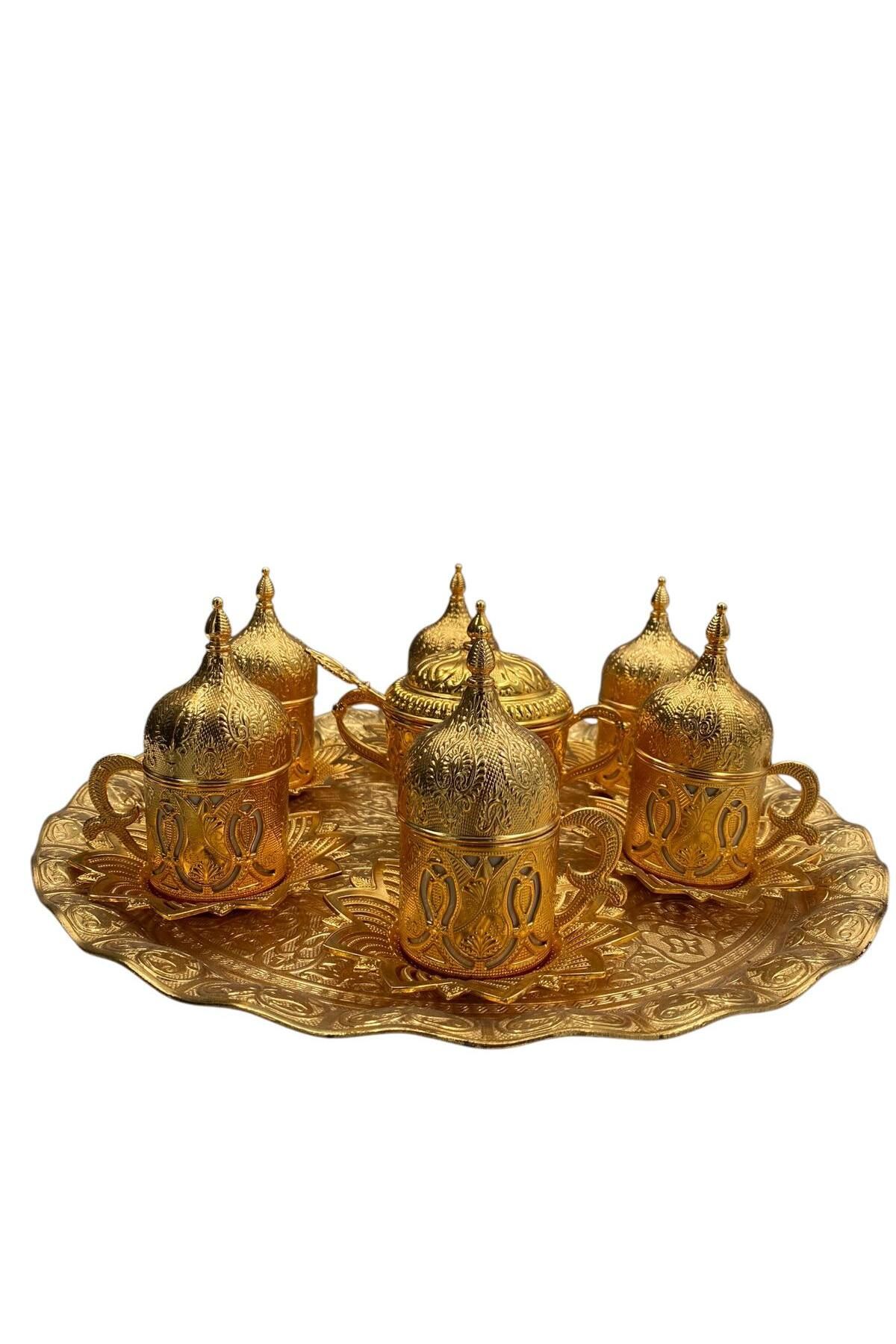 Tanrıkulu Bakırcılık Kahve Sunum Seti Kahve Fincanı 6 Kişilik Takım Türk Kahvesi Fincan Gold
