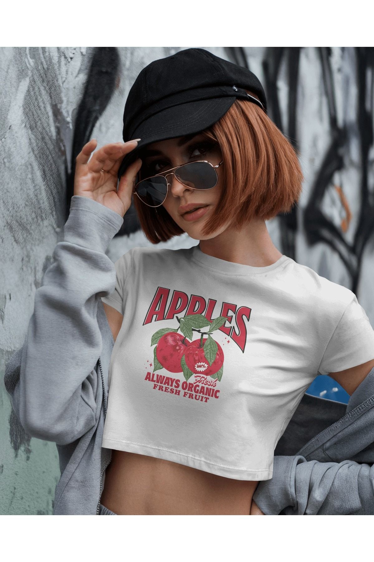 Butik Elma baskılı Kadın Pamuklu Basic T-shirt