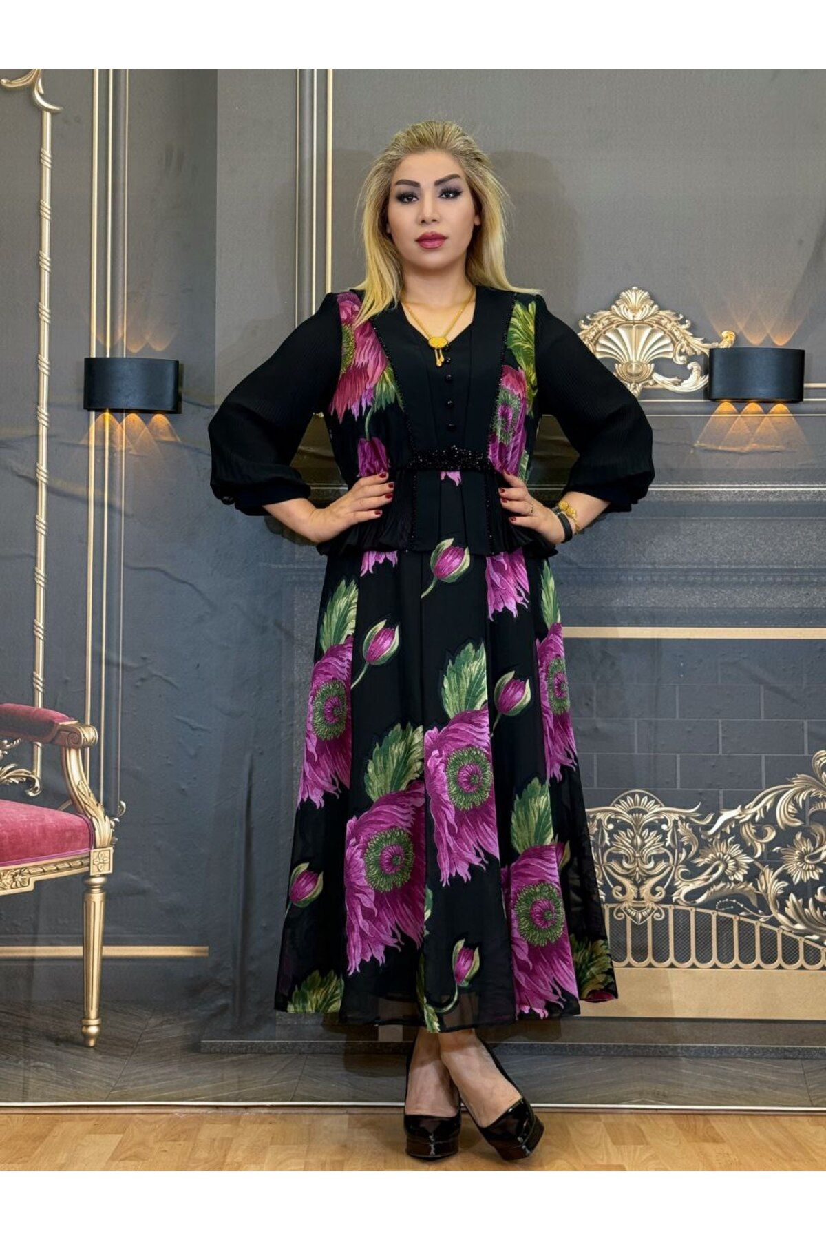 Yeşilmoda Abiye elbise,çiçekli,şifon ve saten,etekli elbise,Yüksek kaliteli,El işlemeli taş,astarli,Desenli