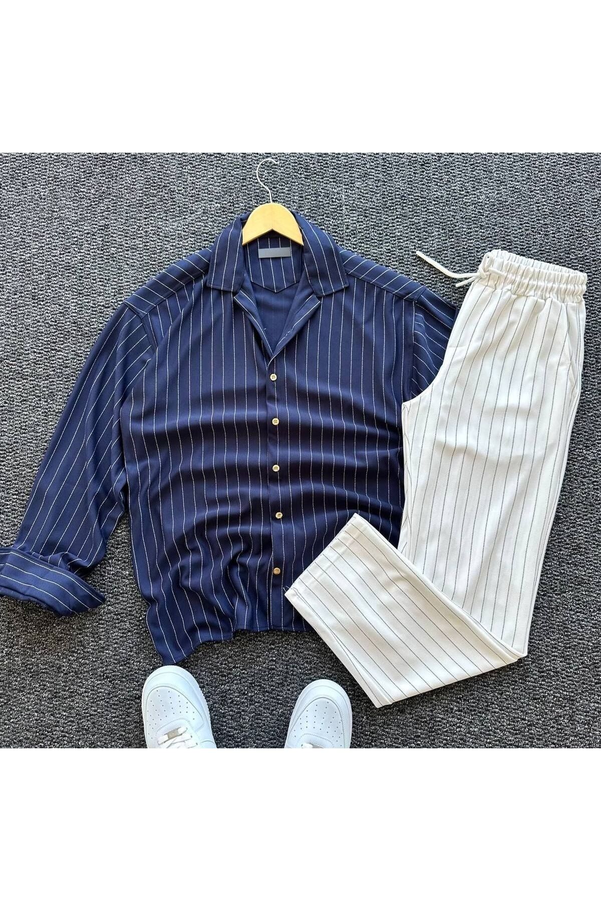 Fifty Color Alaçatı Stili Krep Kumaş Çizgi Detaylı Unisex Gömlek ve Pantolon Takım