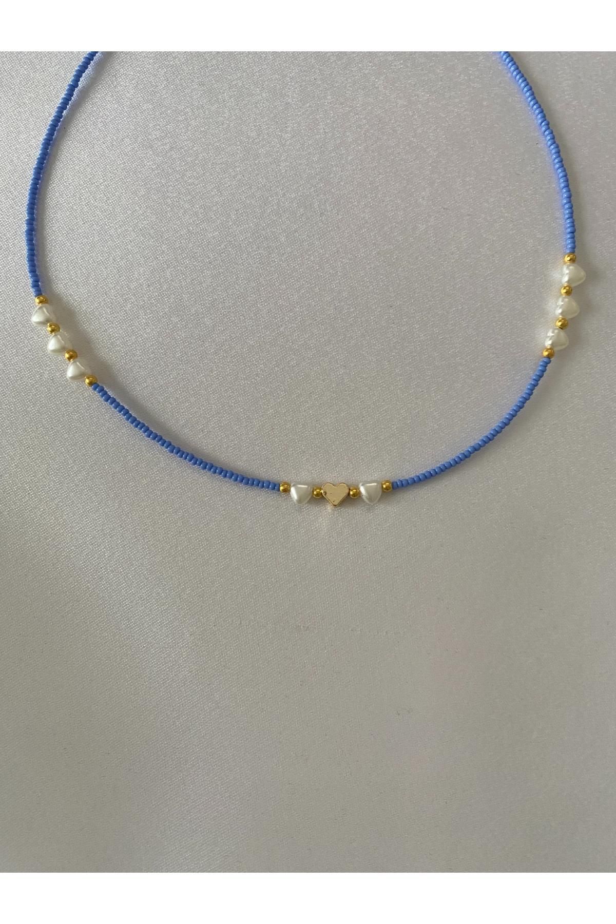 HEDİYEM EVİME Lila Kum Boncuklu Kalpli İncili Kolye Altın Renk