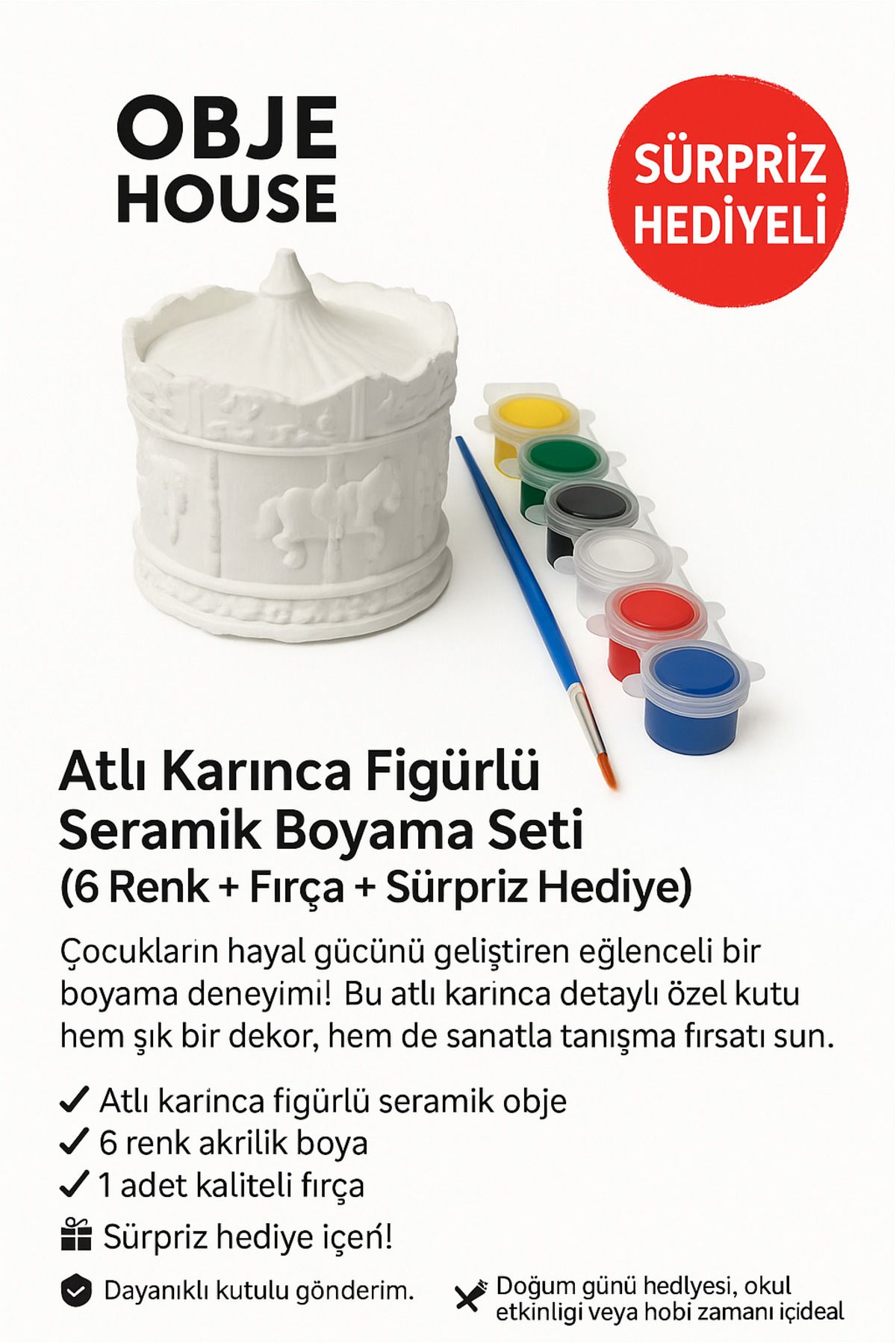 WeSank Atlı Karınca Alçı Boyama Seti (1 Figür + 6 Renk + Fırça + Hediye)