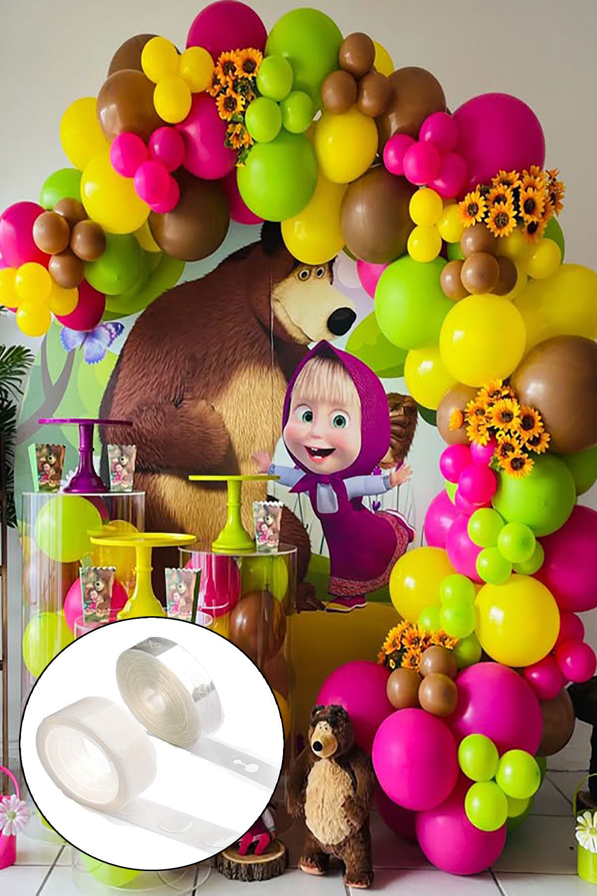 Maşa ve Koca Ayı 35'li Masha Konsept Balon Seti (Sarı-Yeşil-Fuşya-Kahverengi) Zinciri+ Yapışkanı Maşa ile Koca Ayı