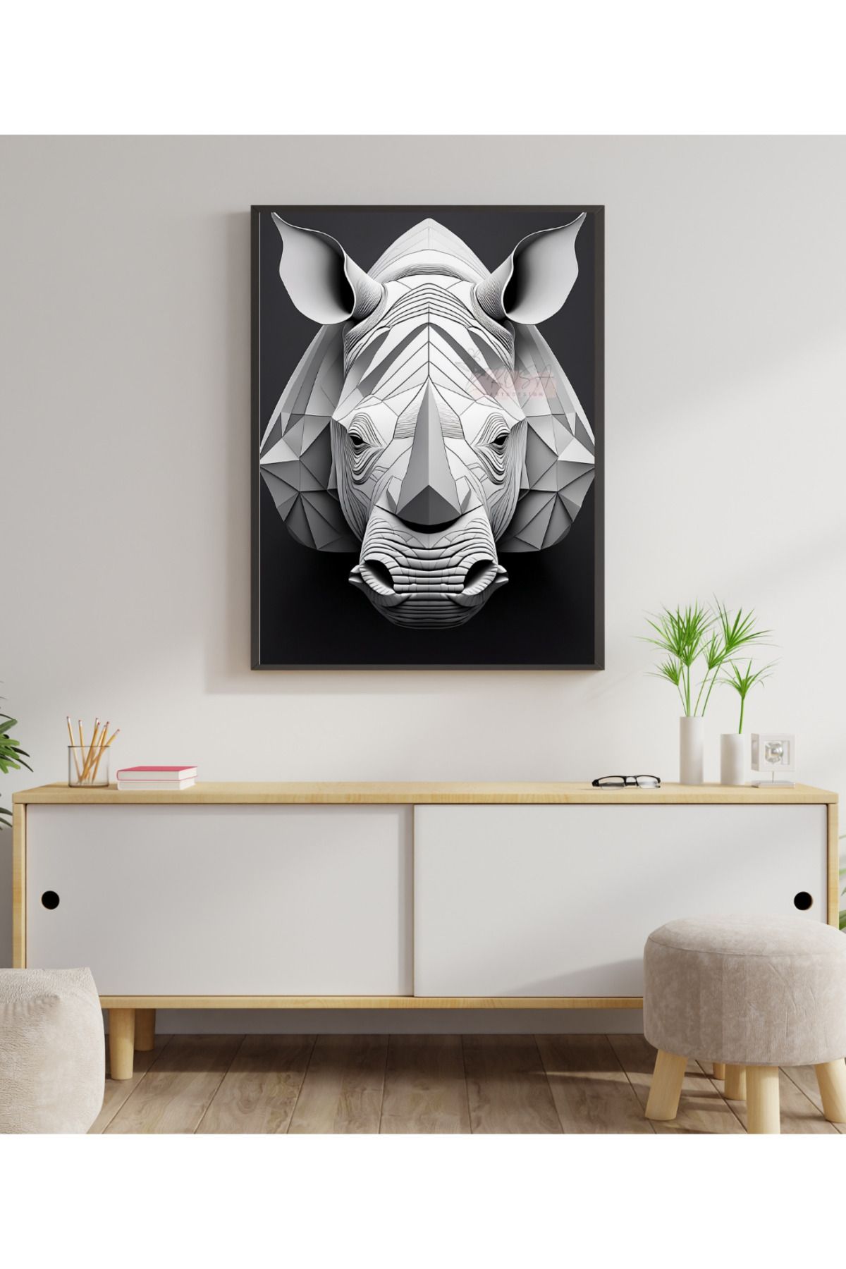 Rosaart Metal Çerçeveli Gerçek Camlı Tablo Geometrik Desenli Gergedan