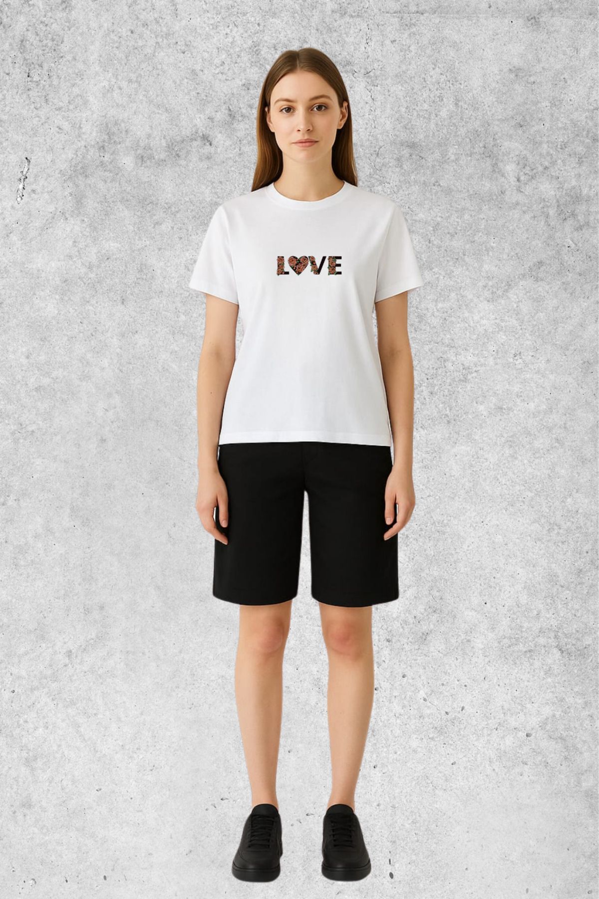 MOLICO Basic unisex sıfır yaka kısa kollu ÇİÇEKLİ LOVE baskılı tshirt
