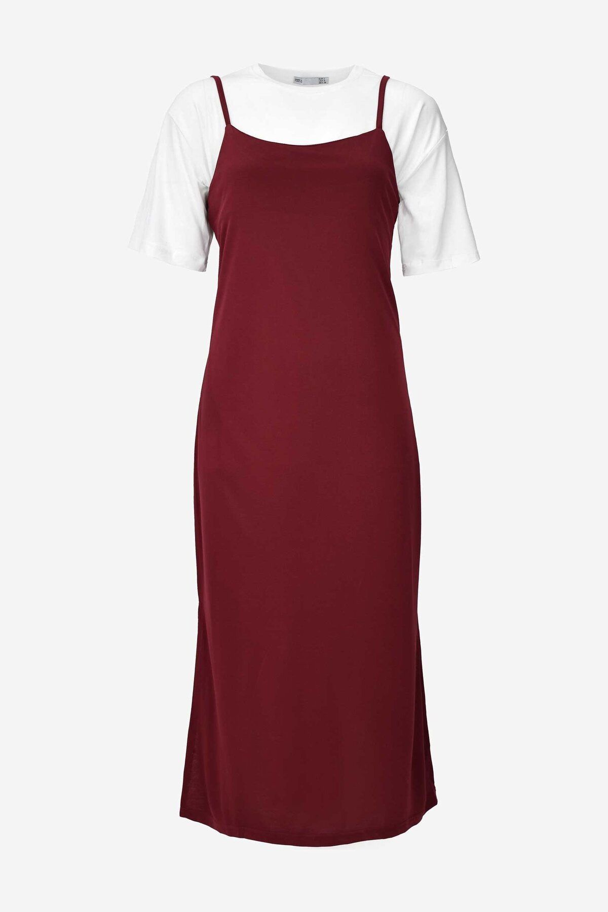 birizmoda Kadın İp Askılı Yırtmaçlı Basic Midi Boy Elbise - Bordo