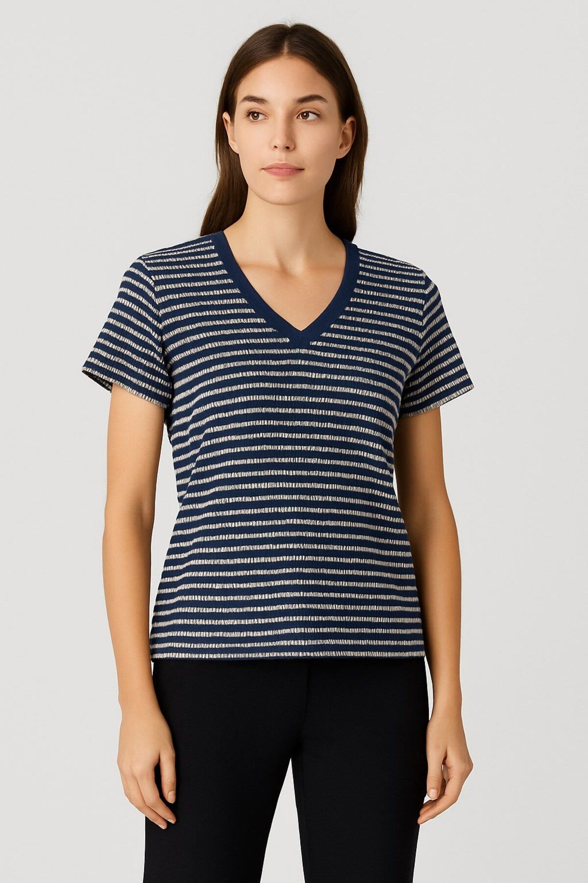 Kübra Tekstil Kadın Lacivert Beyaz Çizgili V Yaka Kısa Kollu Örme T-Shirt, Bluz