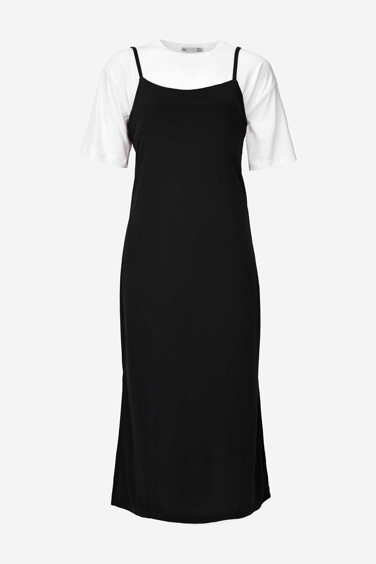 birizmoda Kadın İp Askılı Yırtmaçlı Basic Midi Boy Elbise - Siyah