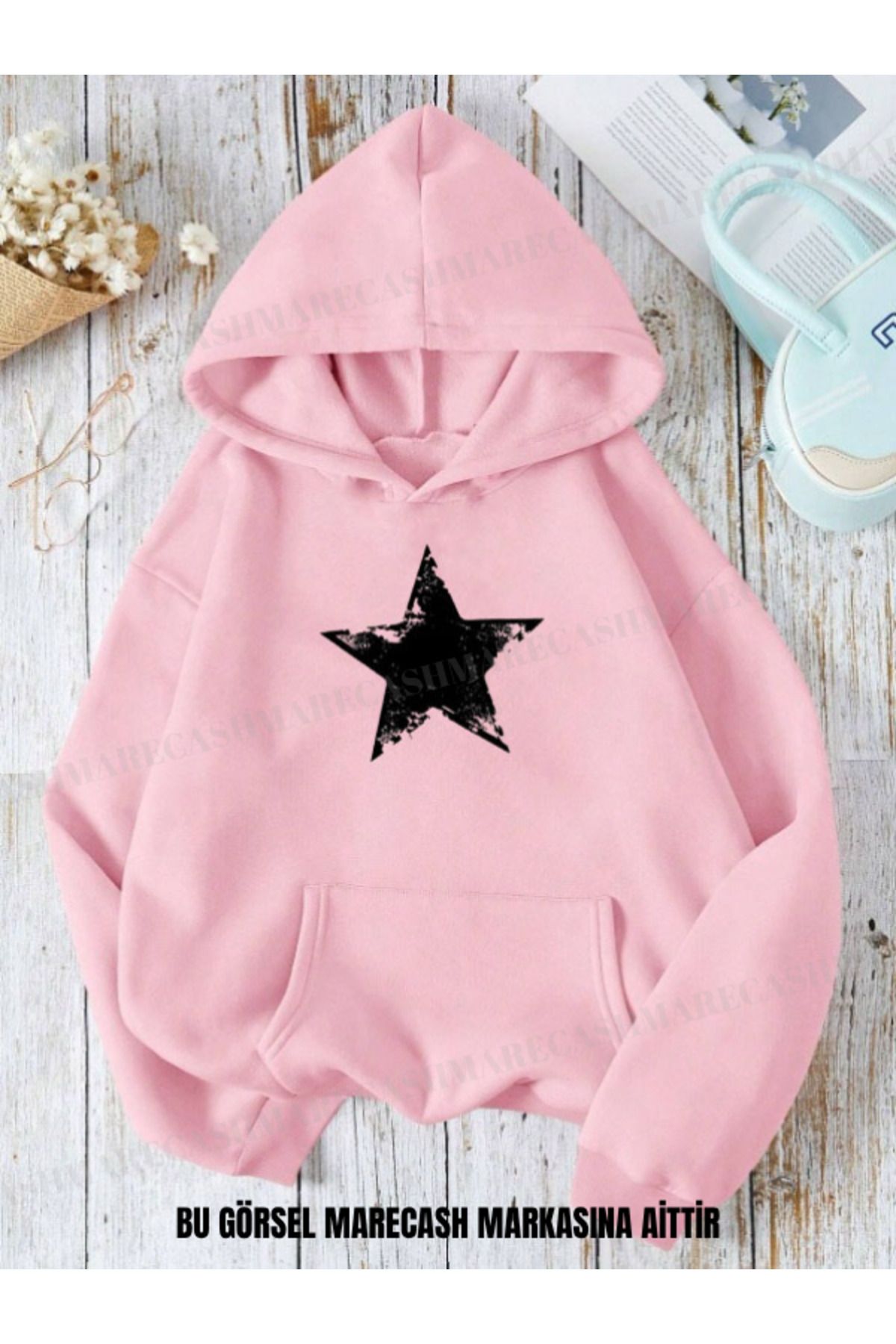 MARECASH Unisex 3 İplik Yıldız Star Baskılı Kapüşonlu Sweatshirt Hoodie Kışlık Renkli Kalın
