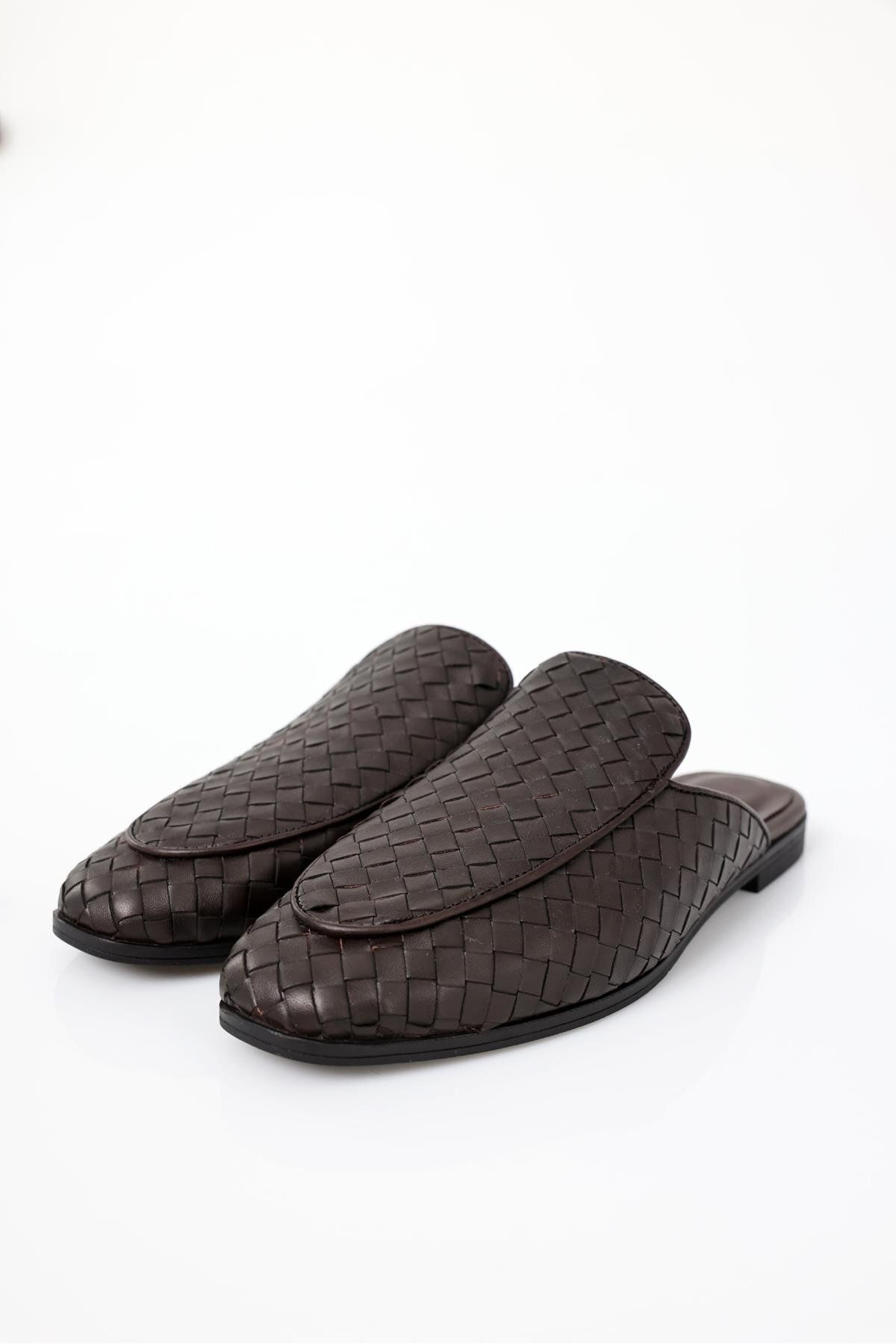 5in1Canpolat-Brown Leather Knitted Slippers 34310 4