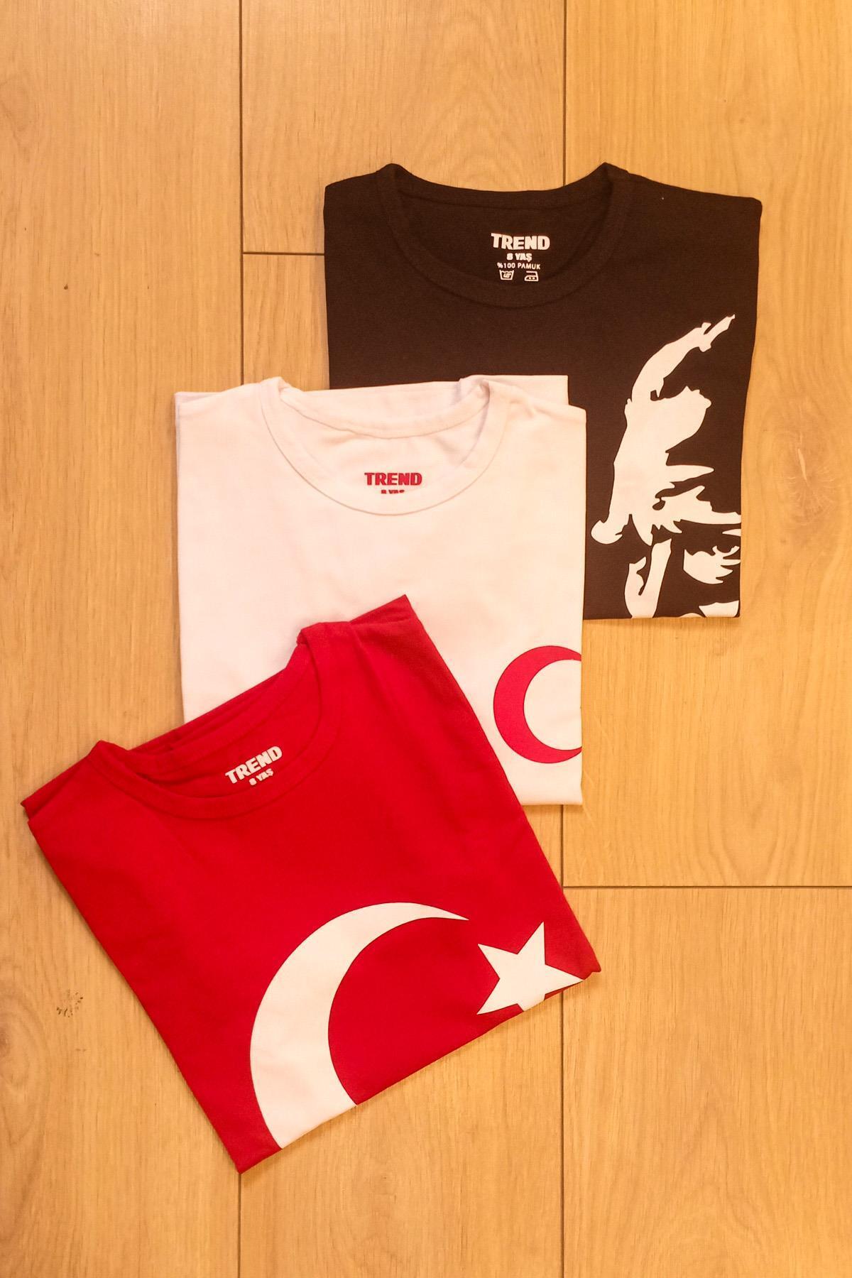 Trend Baby Kids Türk Bayraklı Atatürk Baskılı T-shirt (3 Adet Fiyatı) 4-14 Yaş Kız-Erkek KSB fotoğrafı 6 (önizleme)