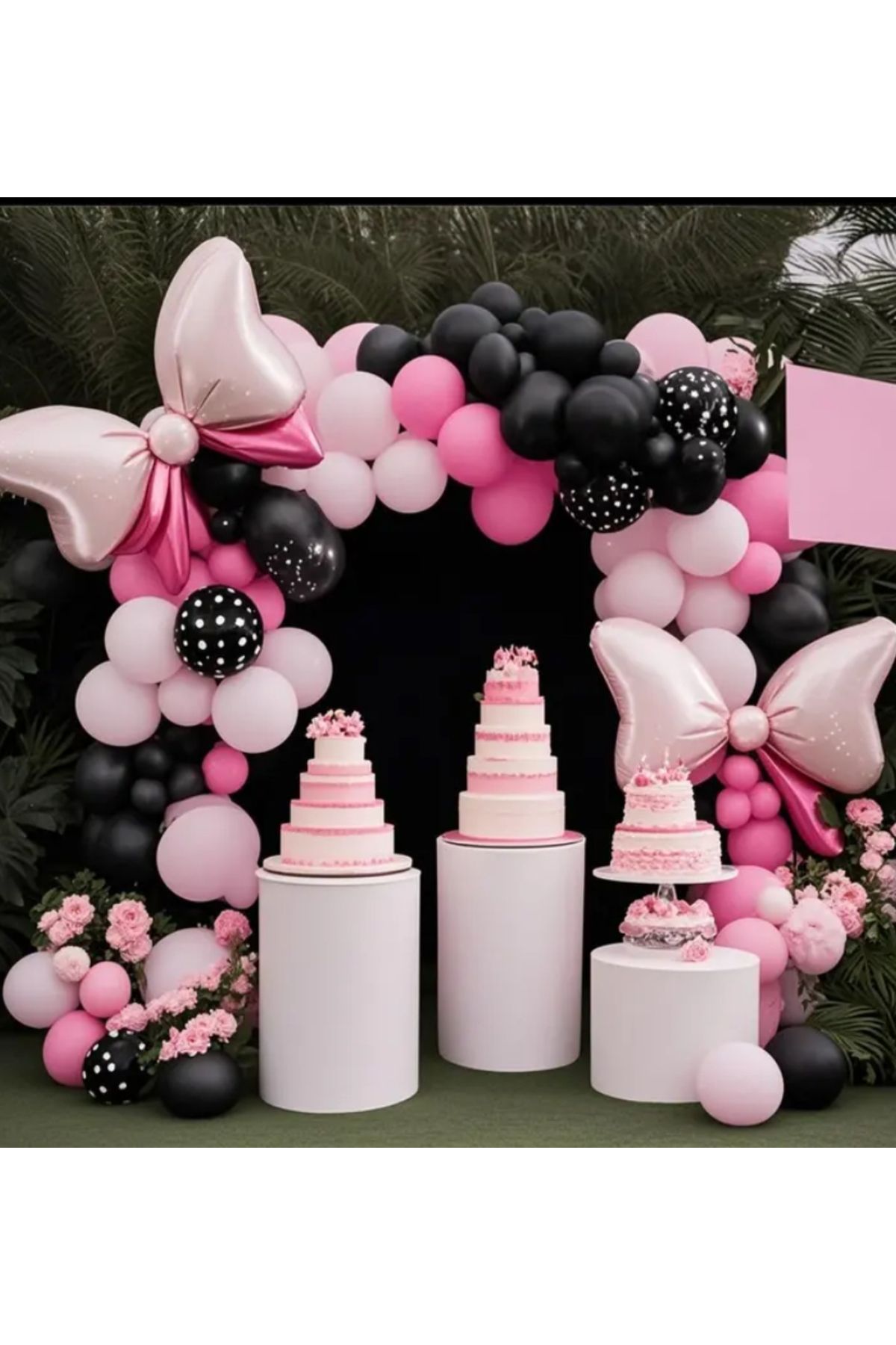 Çemrek Süs Parti Minnie Mouse Temalı Balon Seti Pembe Siyah Balon Zinciri Seti 101 li Fiyonk Folyo Balonlu