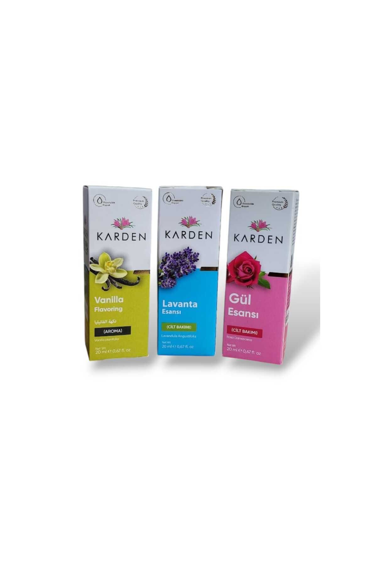 Karden Esans Set 3'lü(Vanilya Aroma Verici 20 Ml, Lavanta Esansı 20 Ml, Gül Esansı 20ML)