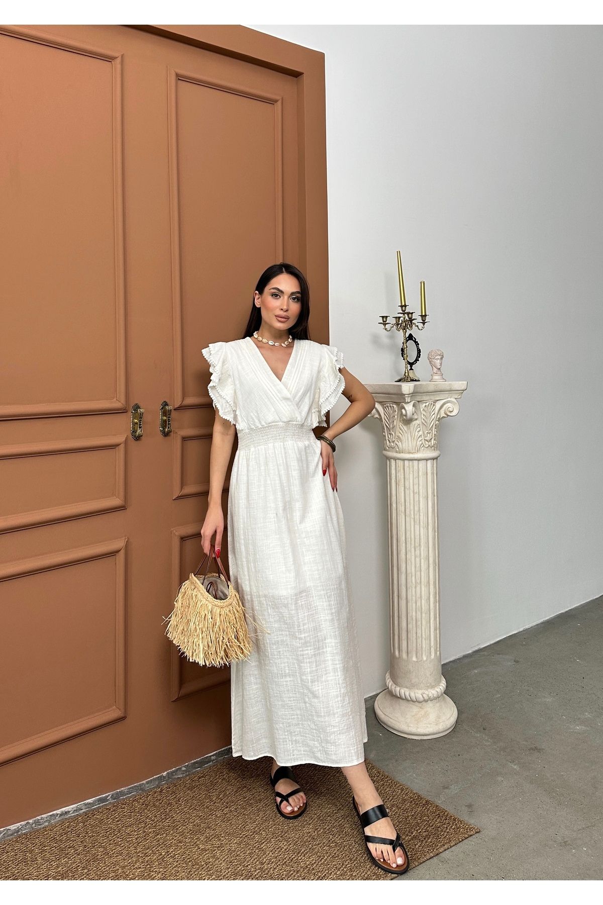 AsprinFashion NERVÜRLÜ BELİ GİPELİ ELBİSE BEYAZ