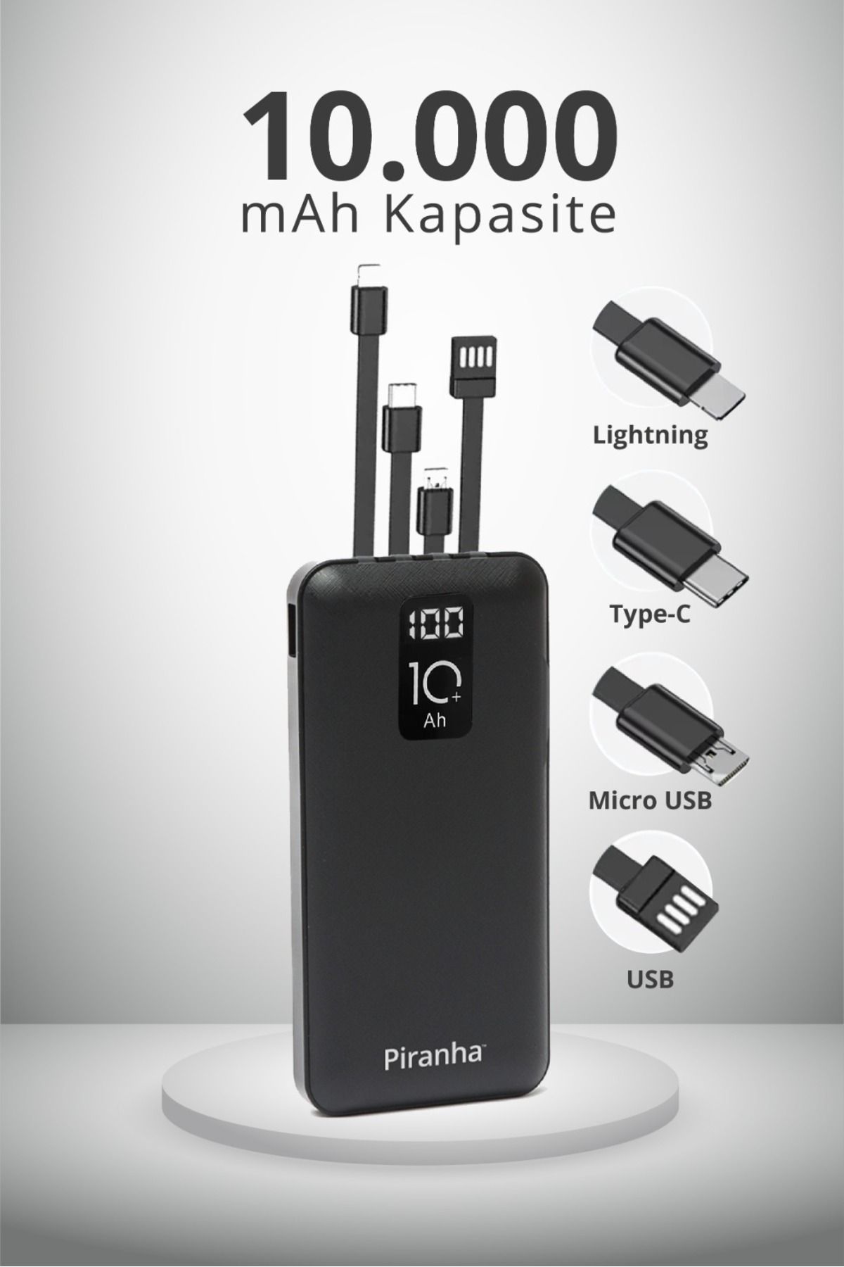 Piranha 9030 LCD Göstergeli 10.000mAh Powerbank Hızlı Şarj / Type-C-USB-iOS Lightning-Micro USB Çoklu Kablo