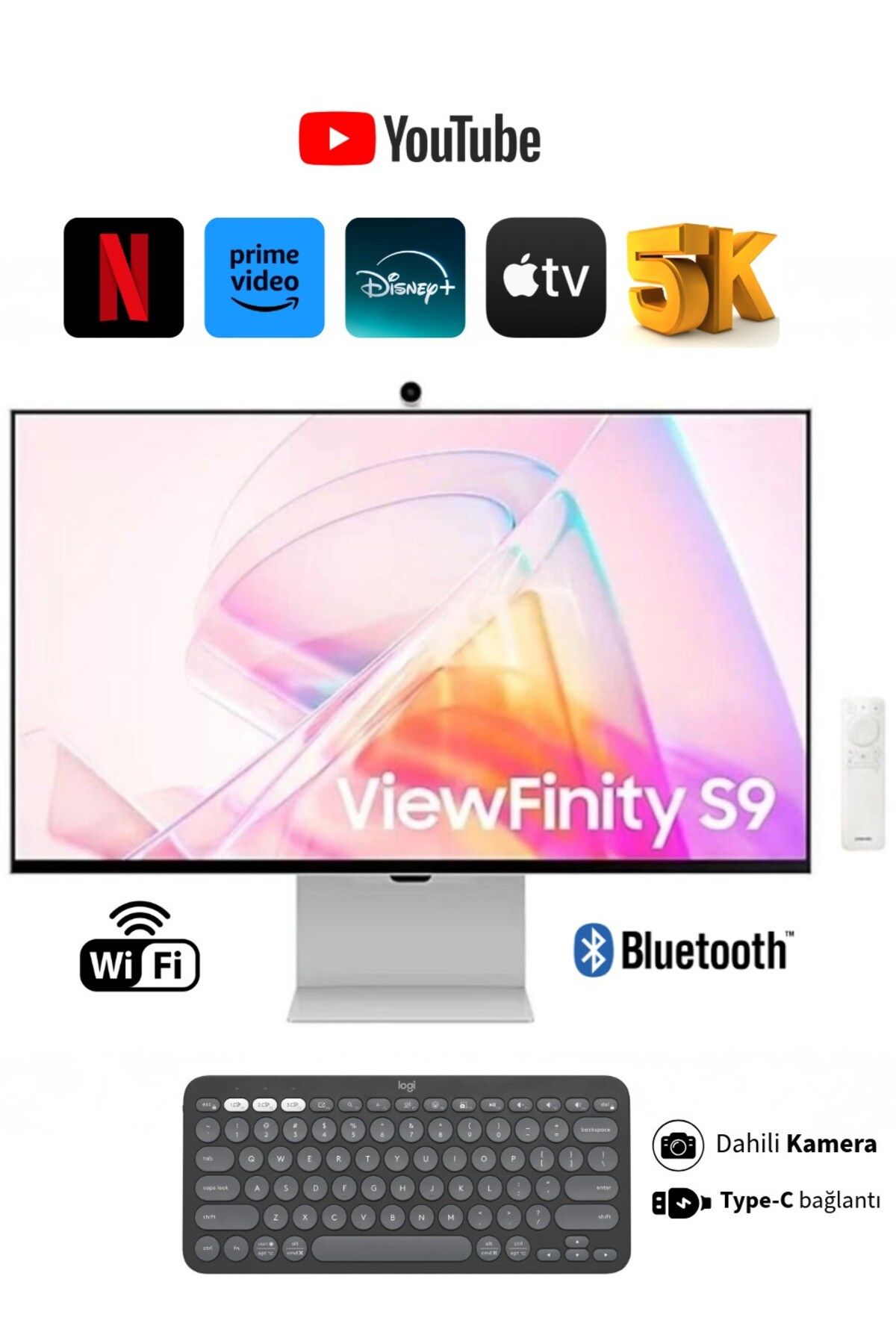 Samsung 5K(5120 x 2880)pixel, Kameralı Akıllı Monitör 27"inç Viewfinity S9 Kumandalı Slim Monitör-TV