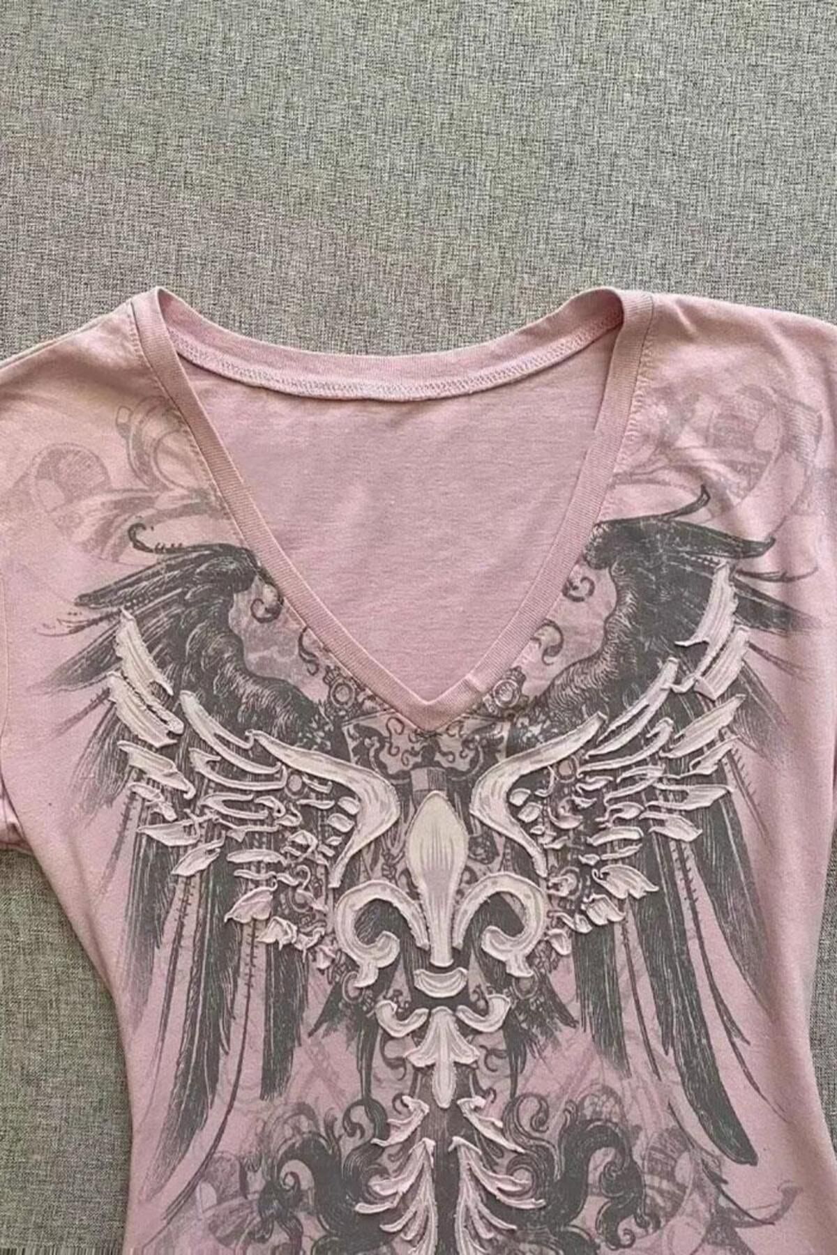 Karakedi Vintage Style Gothic Wings Baskılı Pembe Kısa Kollu Body