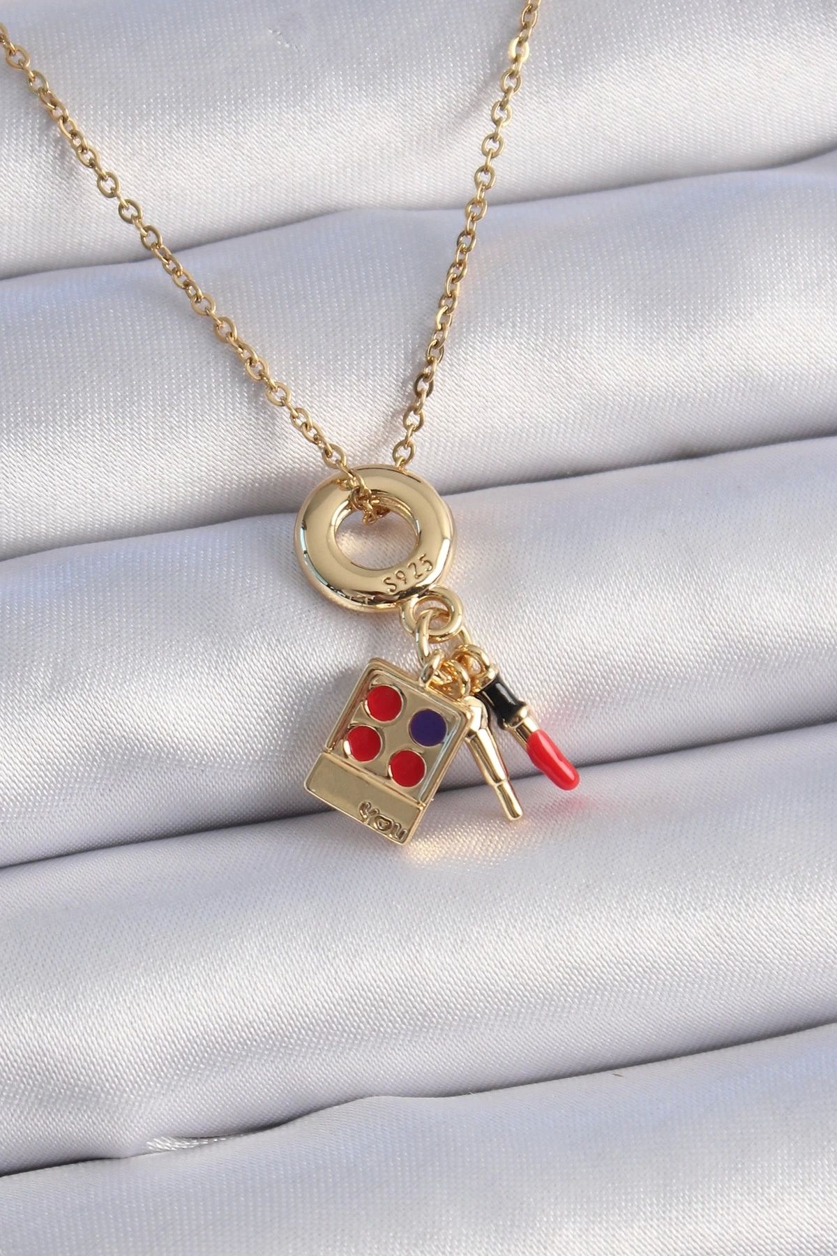 Generic 316L Çelik Gold Renk Makyaj Paleti Figür Charm Model Kadın Kolye