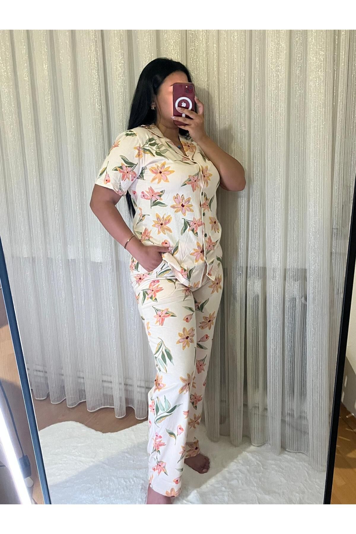 MEF Boutique Kadın %100 Pamuklu Kısa Kollu Pijama Takımı – Yazlık / Rahat Kalıp