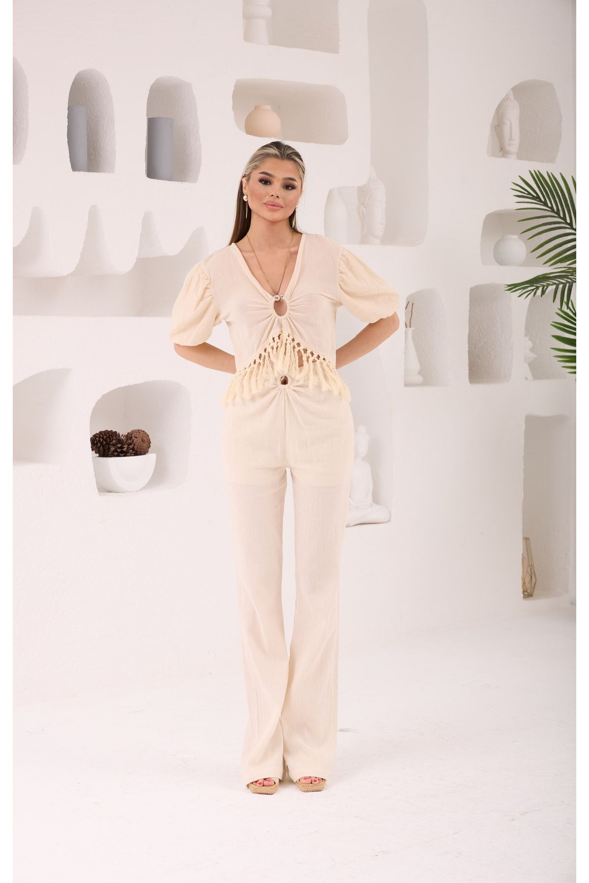AsprinFashion HALKALI KRİNKIL BLUZ EKRU