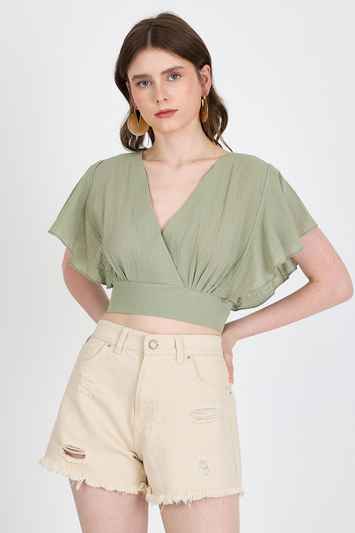Rays Olive Yeşili Keten Görünümlü %100 Pamuk Fırfır Kol Detaylı Crop Bluz 6942