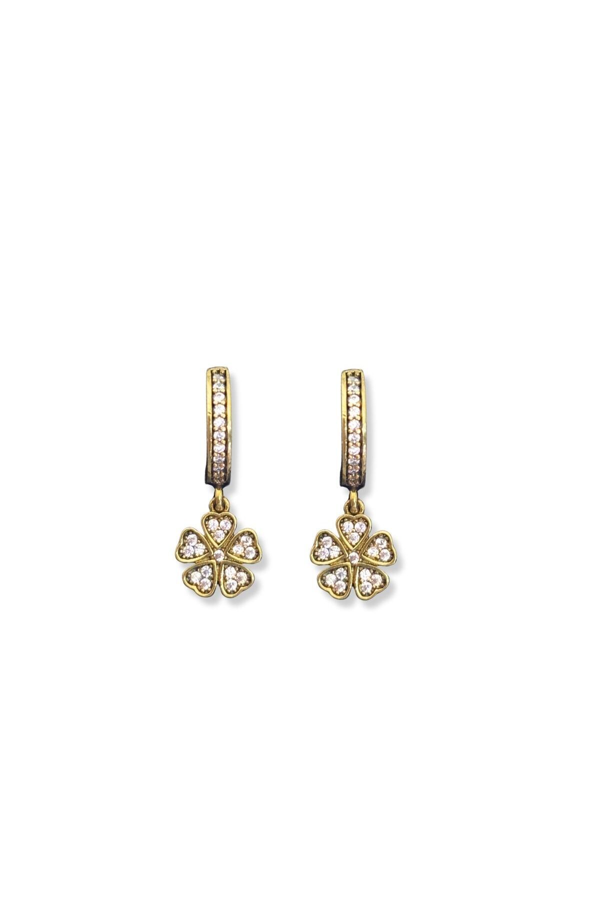 oya silver Taşlı Sallantılı Yonca Gümüş Halka Küpe 1.2x1.2cm