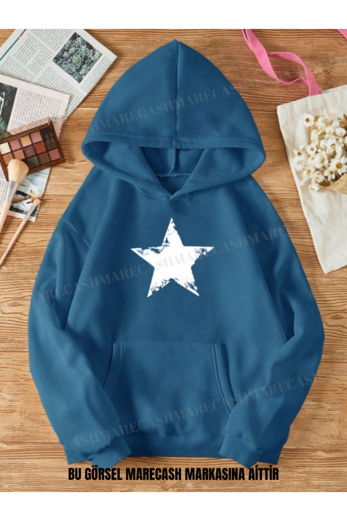 MARECASH Unisex 3 İplik Yıldız Star Baskılı Kapüşonlu Sweatshirt Hoodie Kışlık Renkli Kalın