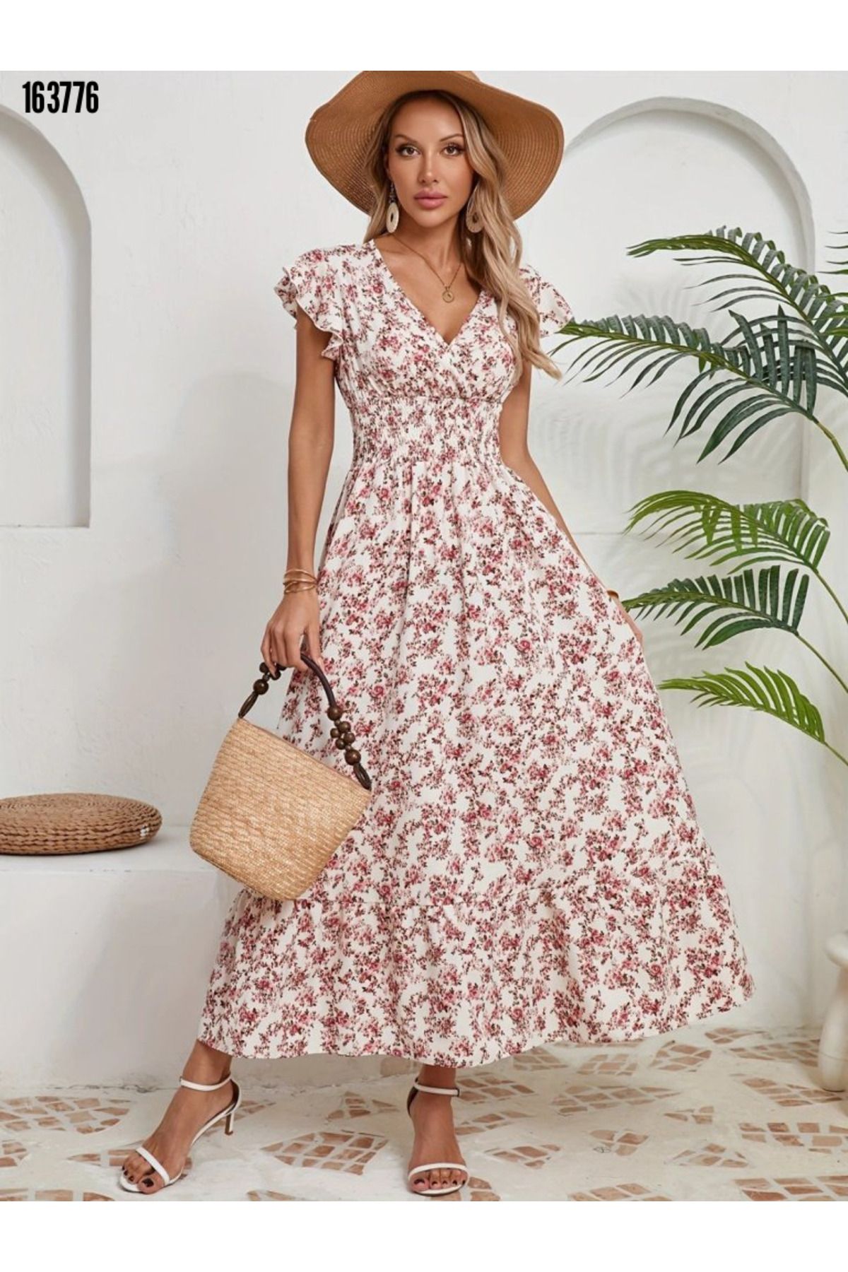BZ Boutique Kısa Kollu Kruvaze Yaka Beli Lastikli Büyük Beden Çiçekli Elbise 163776