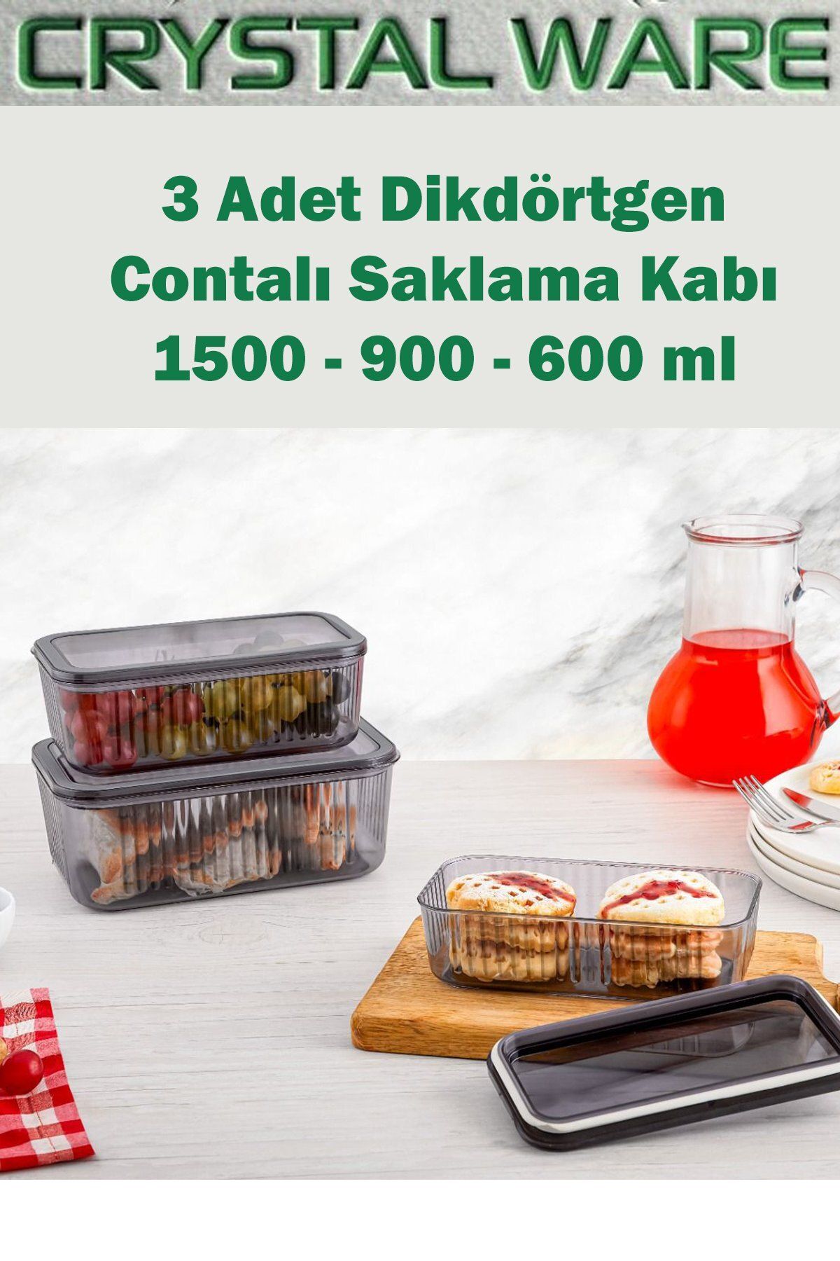 Crystal Ware 3 Adet Dikdörtgen Contalı Kapak Saklama Kabı 1500 ml 900 ml 600 ml Antrasit