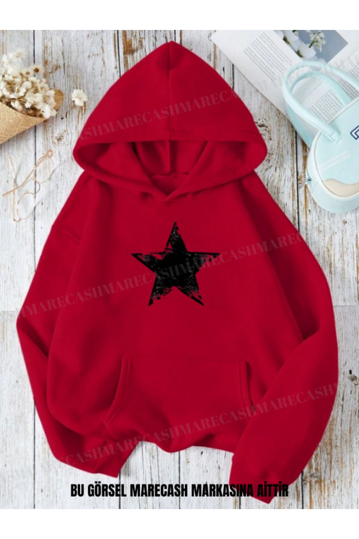 MARECASH Unisex 3 İplik Yıldız Star Baskılı Kapüşonlu Sweatshirt Hoodie Kışlık Renkli Kalın