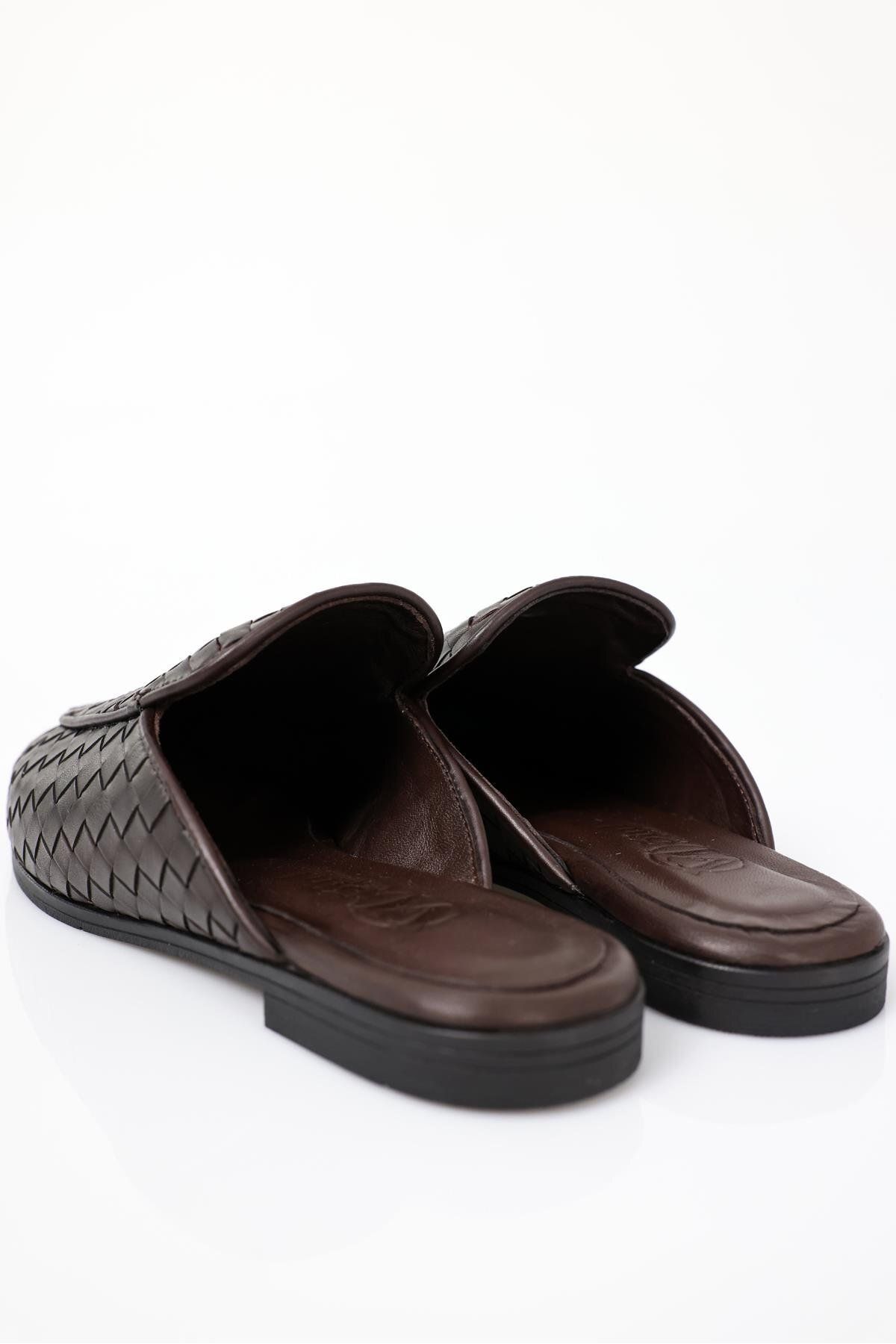 5in1Canpolat-Brown Leather Knitted Slippers 34310 6