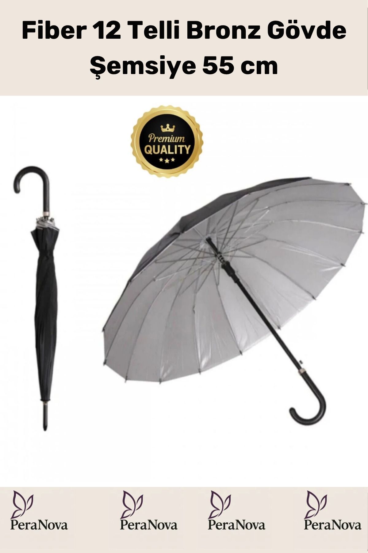 PeraNova Premium Otomatik Mekanizma Baston Tip Rüzgar Korumalı Fiber 12 Telli Bronz Gövde Şemsiye 55cm