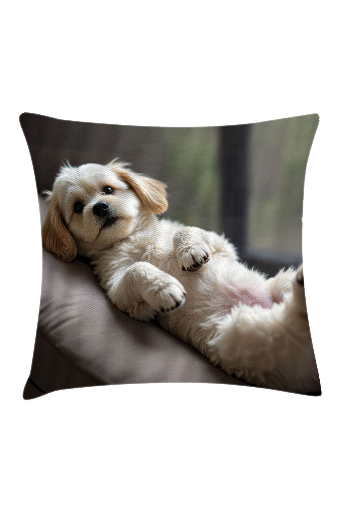 Orange Venue Bichon Köpek Desenli Minder Kılıfı, Uzanan Komik Yavru Köpek, Soluk Gri ve Soluk Kahverengi
