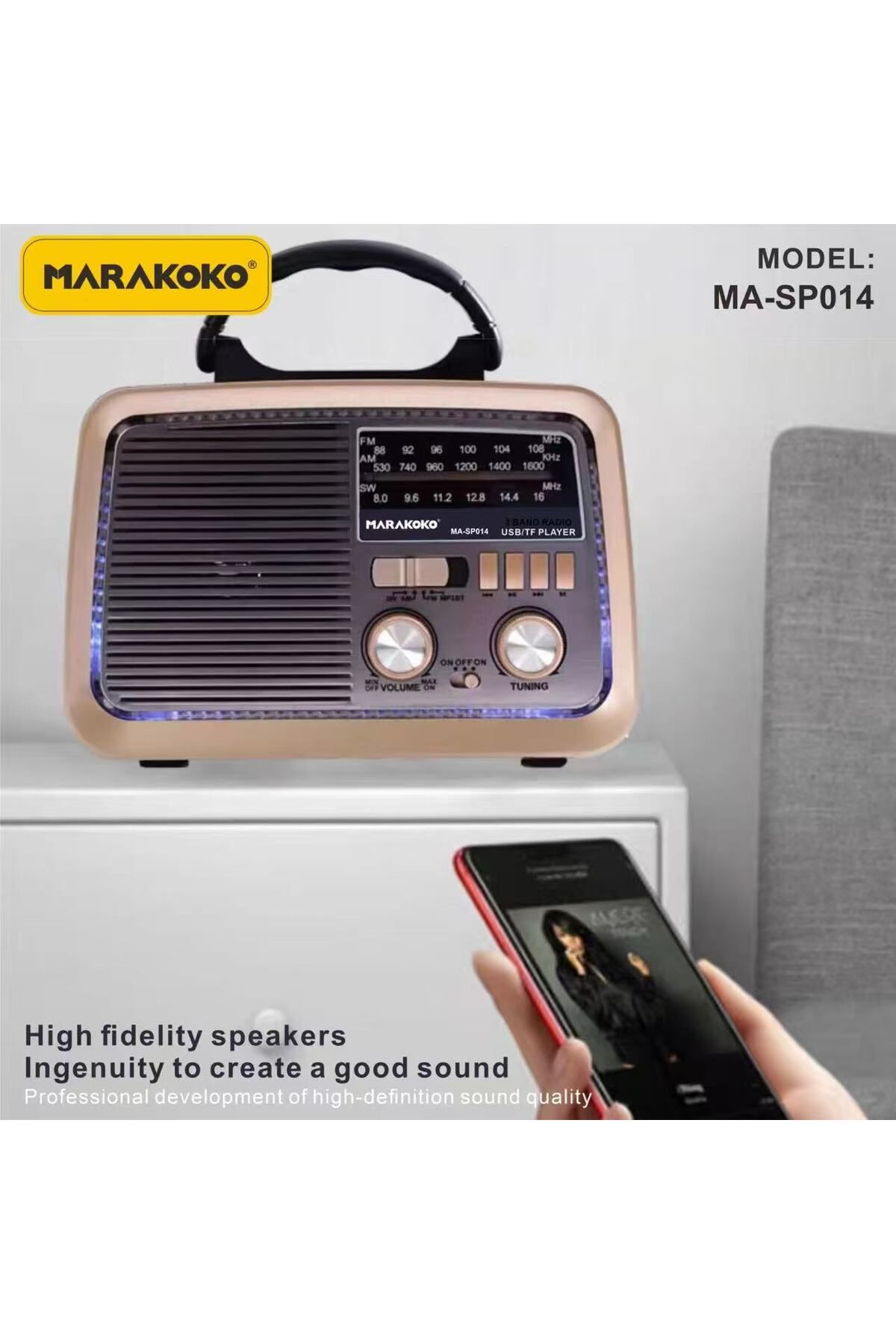 MARAKOKO-راديو محمول متعدد الوظائف من ماركوكو MA-SP014 – بلوتوث، USB، بطارية داخلية وكشاف مدمج 3
