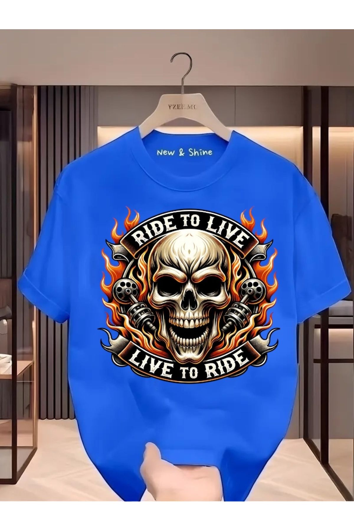 New Shine Ride or Live Baskılı Büyük Beden Oversize T-Shirt