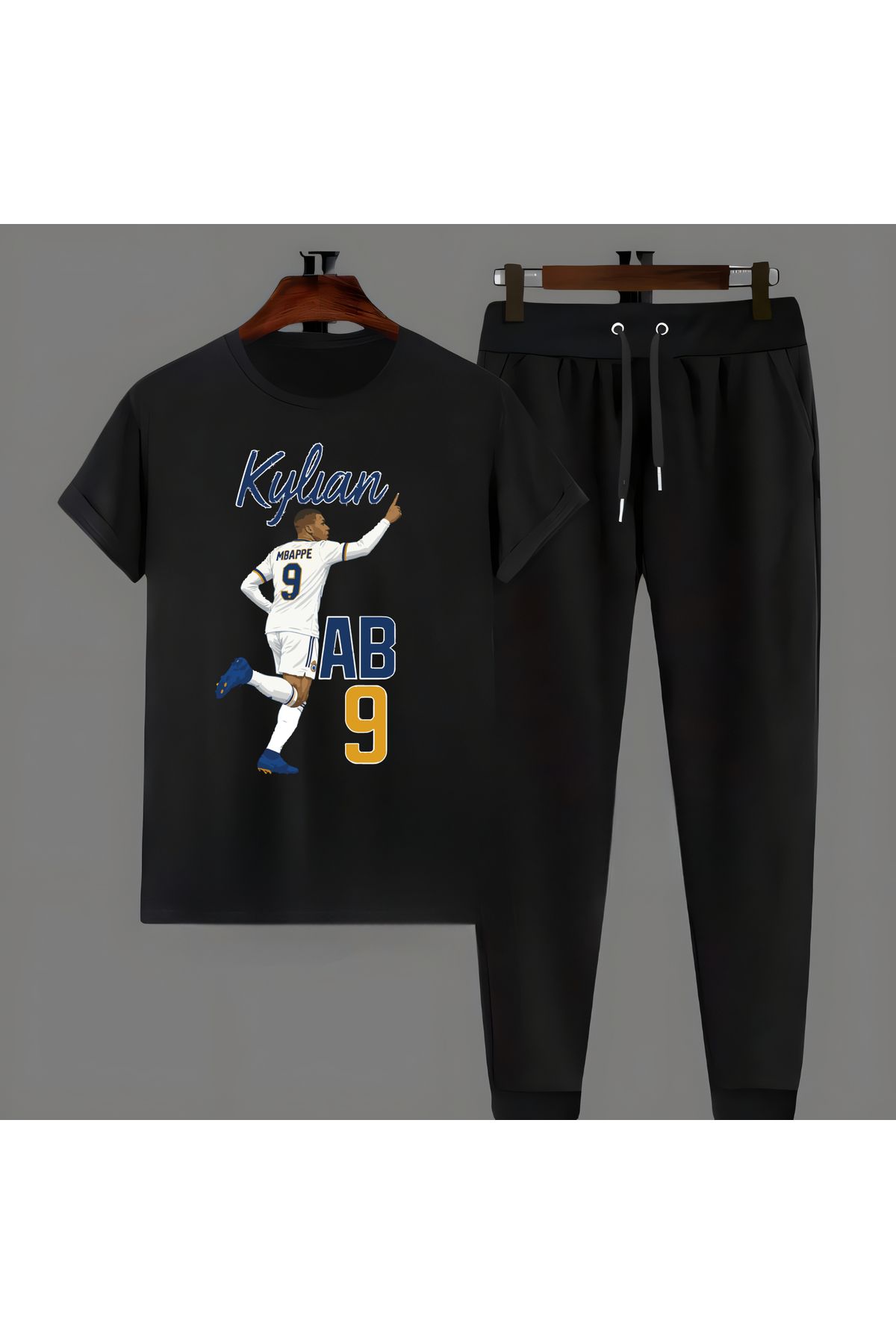 Biy Store Kylian Mbappe karikatür futbol forma baskılı unisex kısa kollu erkek tişört kadın tshirt şort takımı