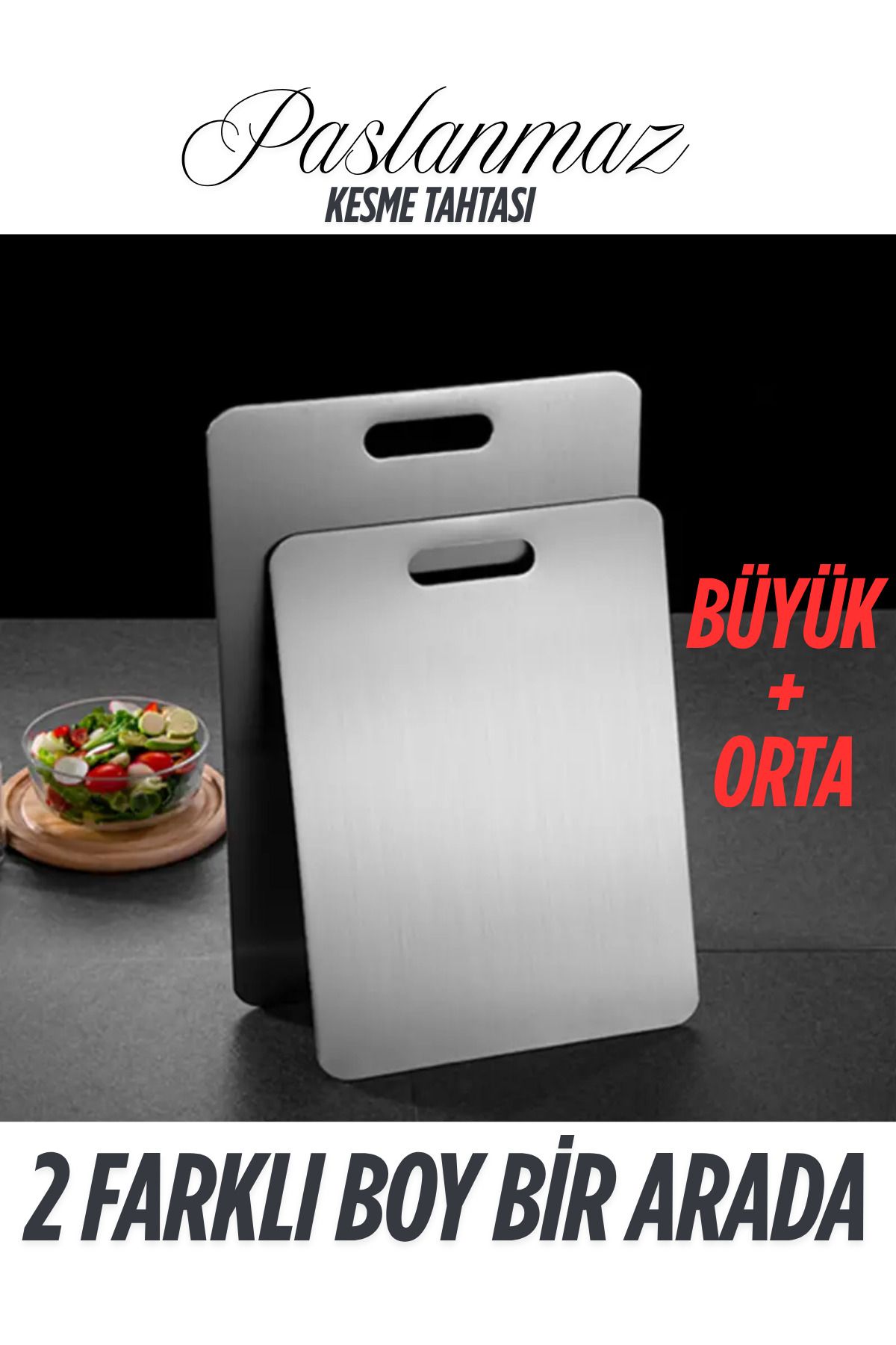 CAVELLA 2li Paslanmaz Çelik Kesme Tahtası Seti, Antibakteriyel Yüzey, Uzun ömürlü Büyük+Orta Boy.