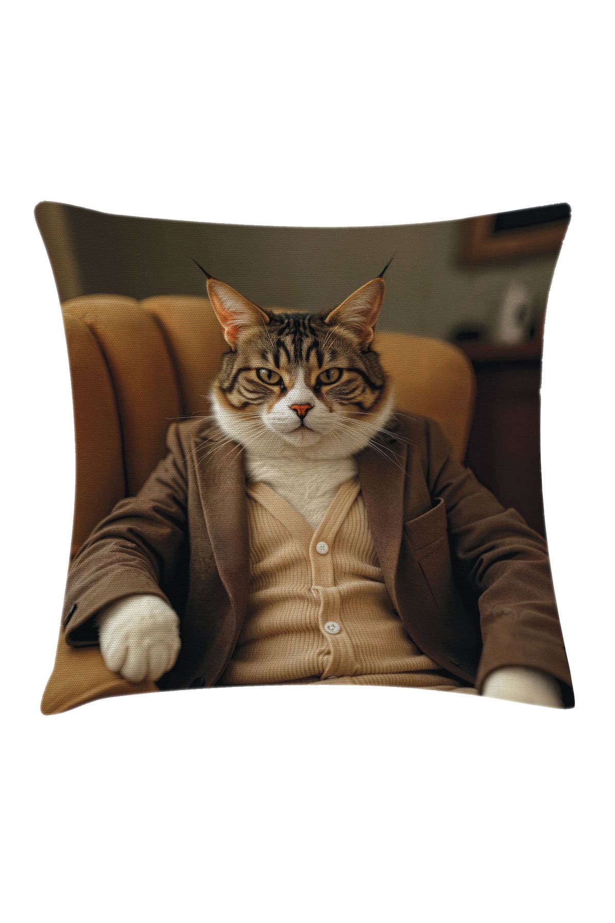 Orange Venue Kedi Desenli Minder Kılıfı, Takım Elbiseli Komik Vintage Kedi Baskısı, Kum Kahverengi
