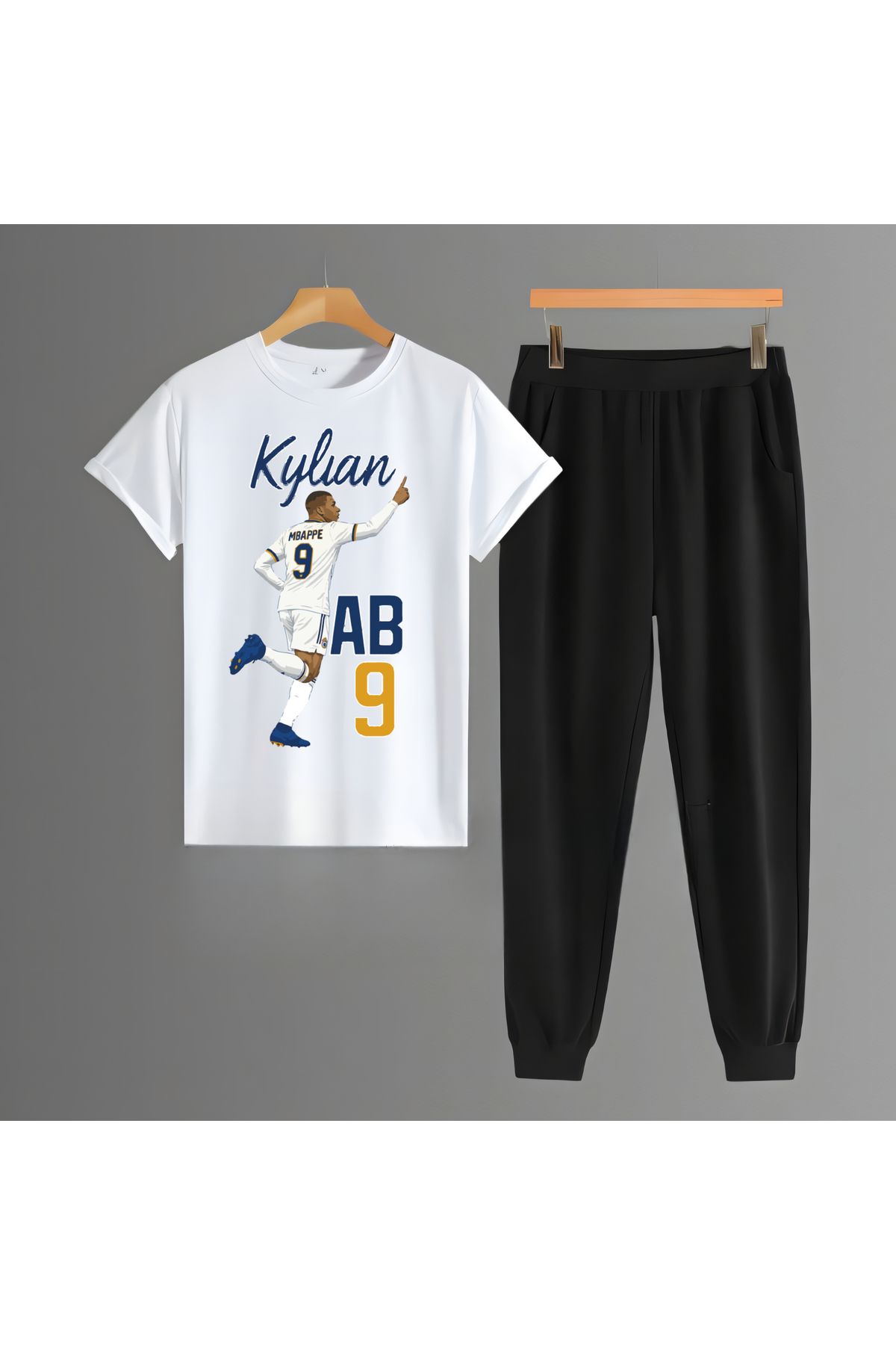 Biy Store Kylian Mbappe karikatür futbol forma baskılı unisex kısa kollu erkek tişört kadın tshirt şort takımı