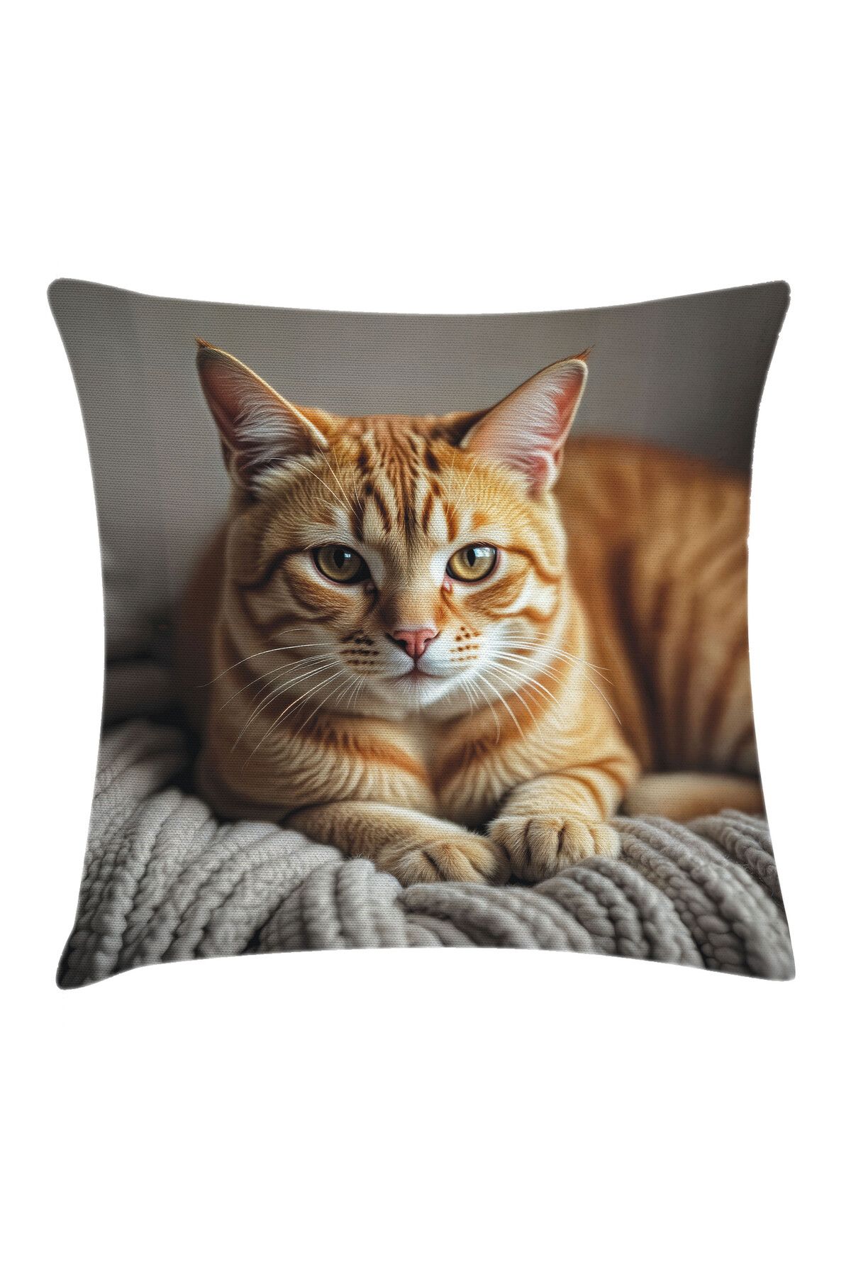 Orange Venue Turuncu Kedi Desenli Minder Kılıfı, Masum Kedi Pozu, Kayısı ve Gri