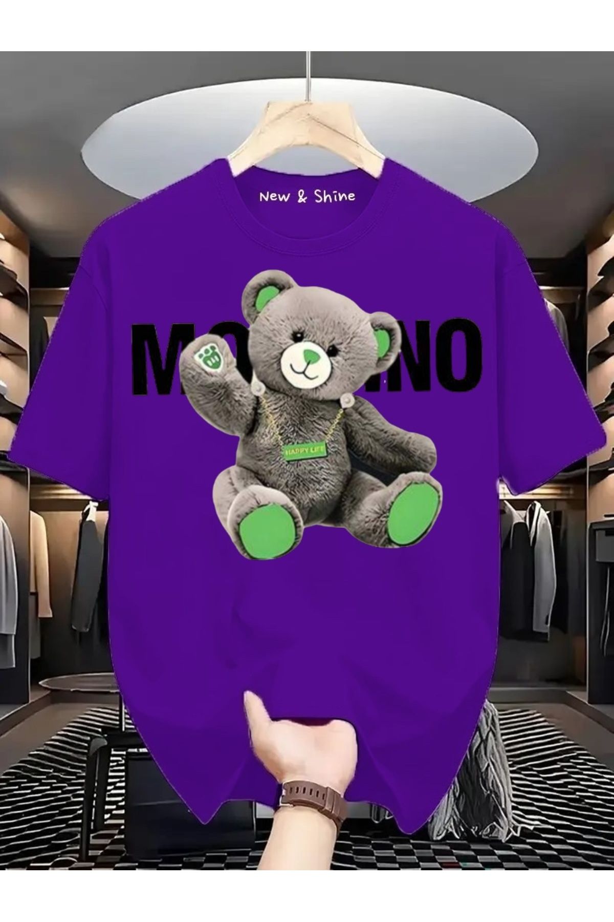 New Shine Gri Ayıcık Baskılı Büyük Beden Oversize T-Shirt