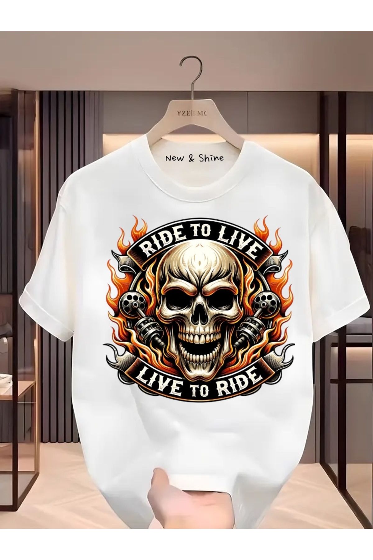 New Shine Ride or Live Baskılı Oversize T-Shirt